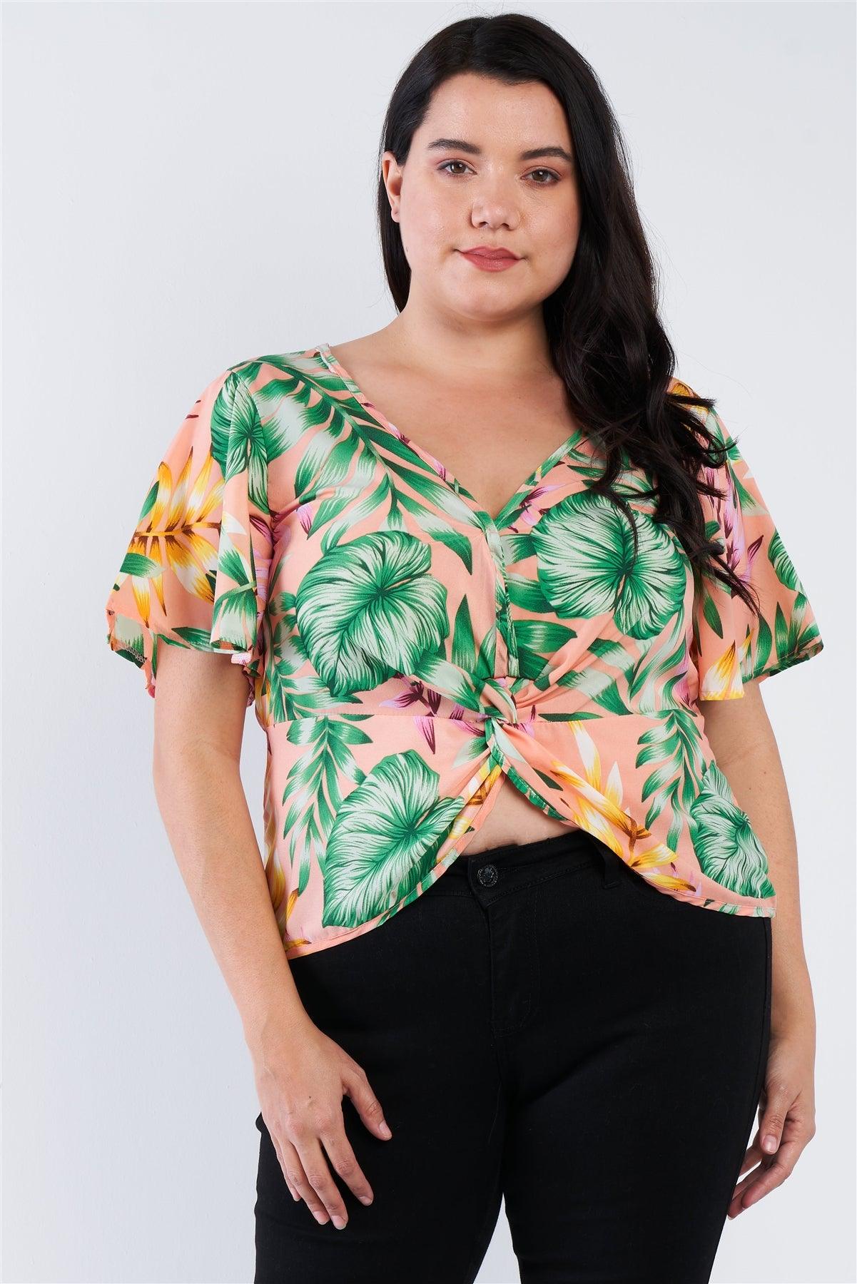 Junior Plus Size Blush Pink Multi Tropical Floral Front Roll Butterfly Sleeve Top