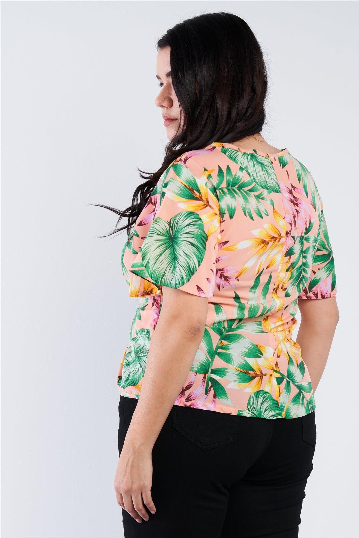 Junior Plus Size Blush Pink Multi Tropical Floral Front Roll Butterfly Sleeve Top