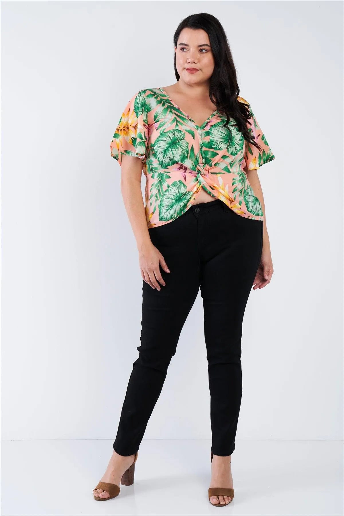 Junior Plus Size Blush Pink Multi Tropical Floral Front Roll Butterfly Sleeve Top /2-2-2 - Tasha Apparel Wholesale