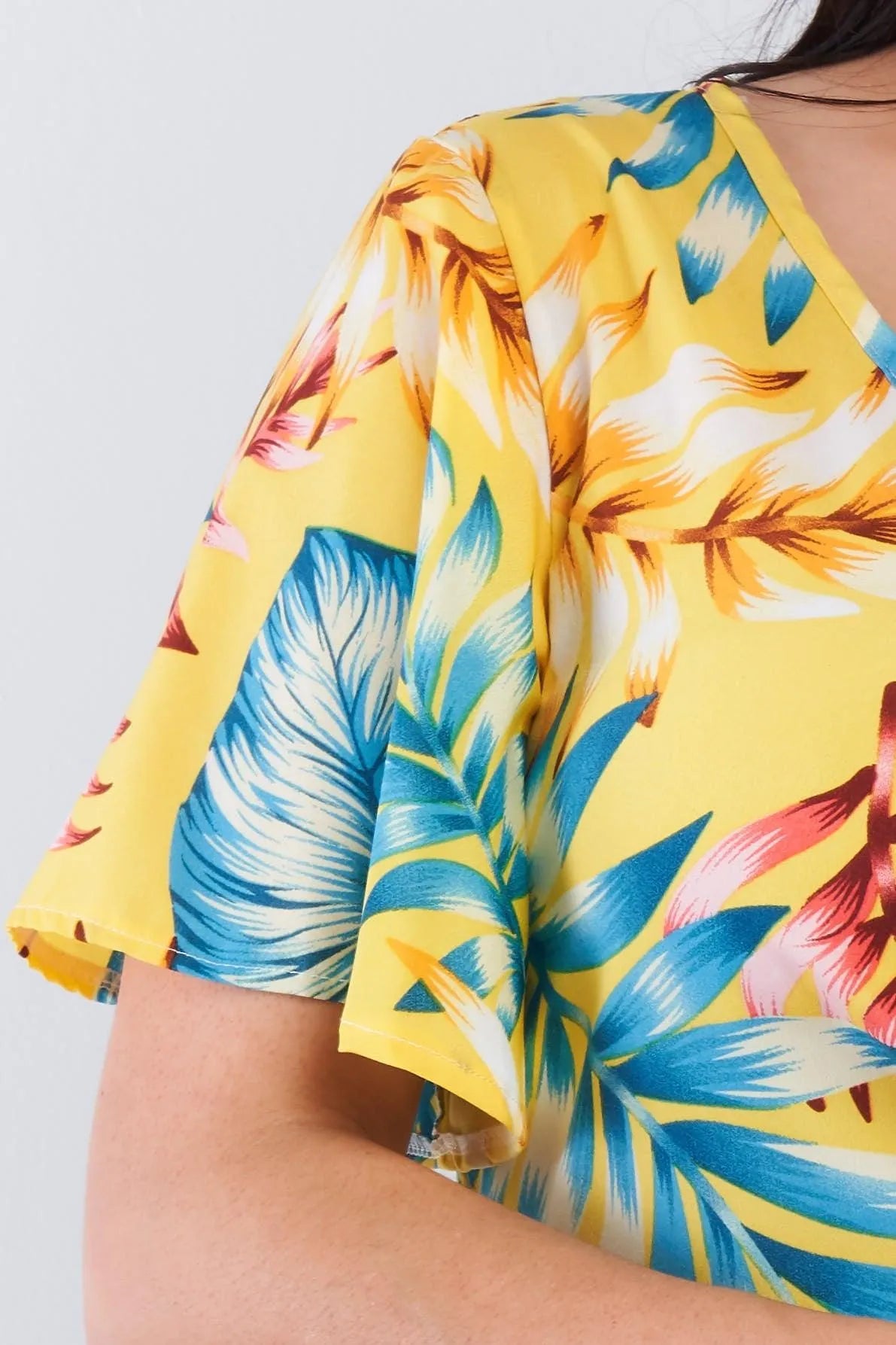 Plus Size Blush Yellow Multi Tropical Floral Front Roll Butterfly Sleeve Top /2-2-2 - Tasha Apparel Wholesale