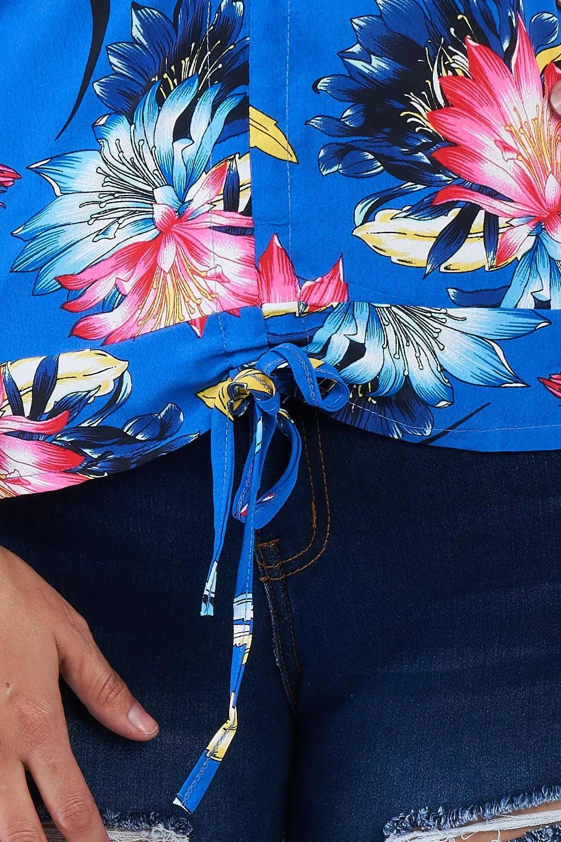 Junior Plus Size Blue Multi Tropical Floral Puff Sleeve Top /1-2-3 - Tasha Apparel Wholesale