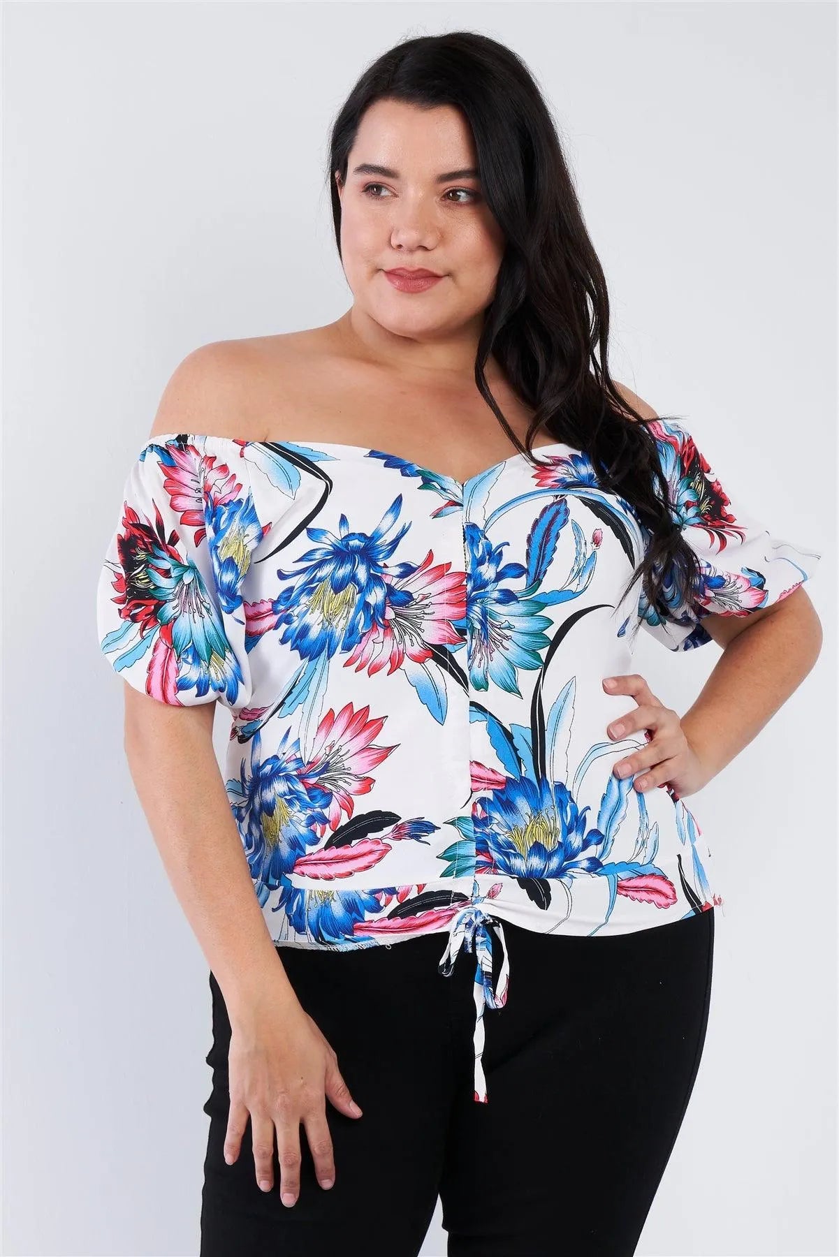 Junior Plus Size White Multi Tropical Floral Puff Sleeve Top - Tasha Apparel Wholesale