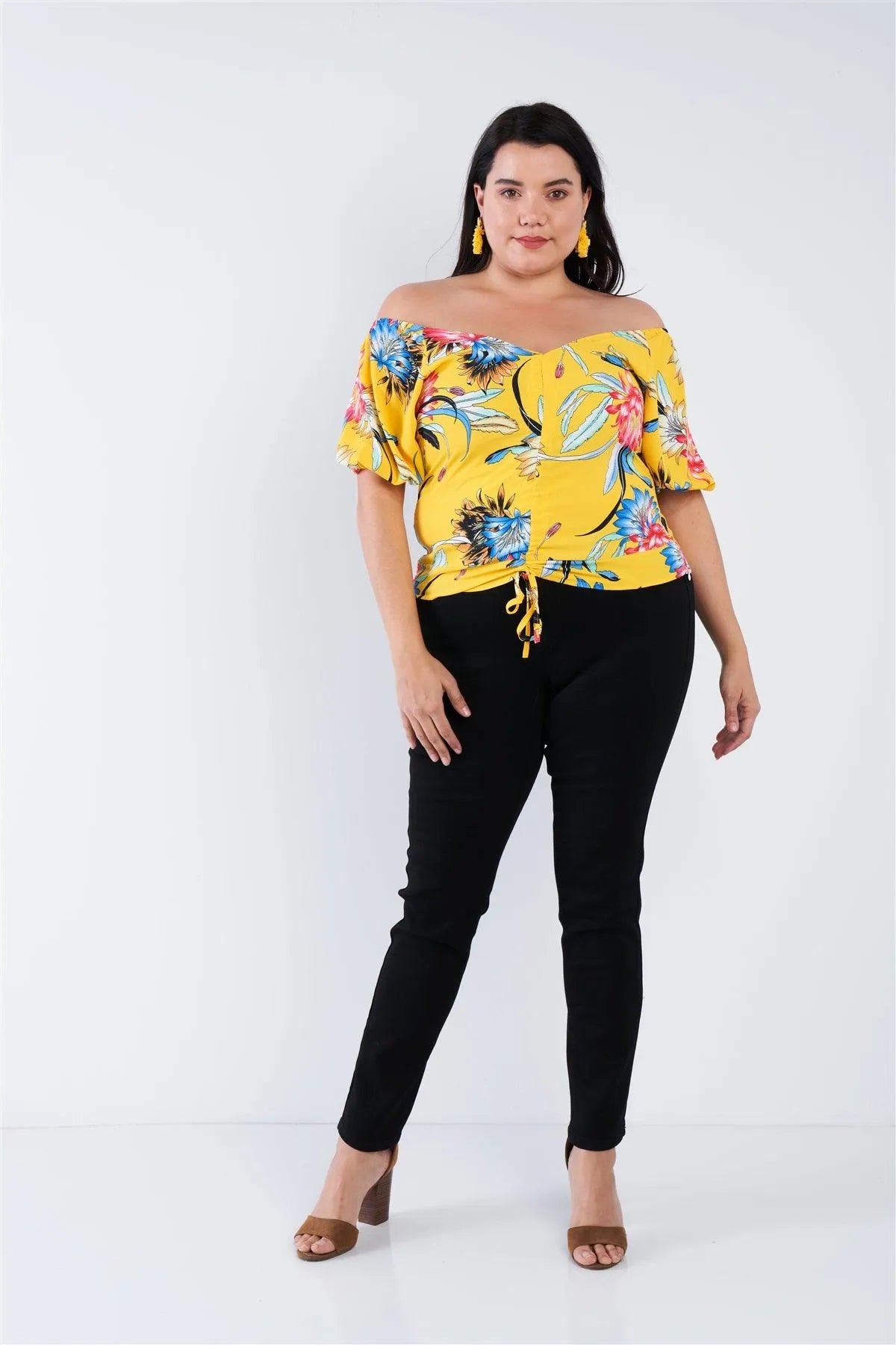 Junior Plus Size Yellow Multi Tropical Floral Puff Sleeve Top /1-2-2 - Tasha Apparel Wholesale