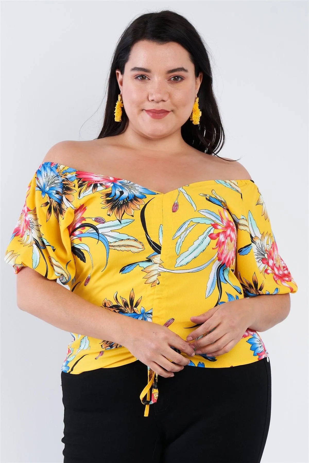 Junior Plus Size Yellow Multi Tropical Floral Puff Sleeve Top /2-2-2 - Tasha Apparel Wholesale