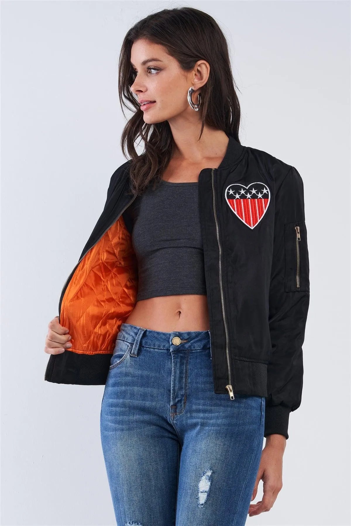 American Made Black Multicolor Patriotic Stamp Flight Bomber Jacket /2-2-3 - Tasha Apparel Wholesale