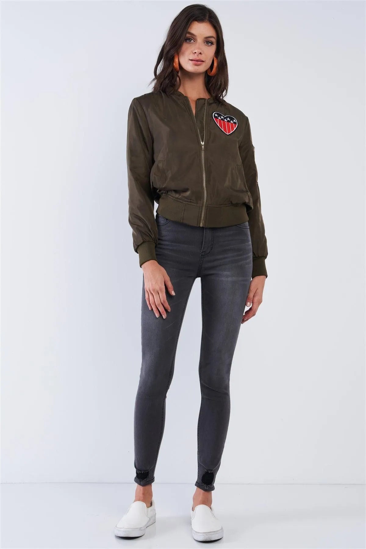 American Made Olive Green Multicolor Patriotic Stamp Flight Bomber Jacket /1-1-2 - Tasha Apparel Wholesale