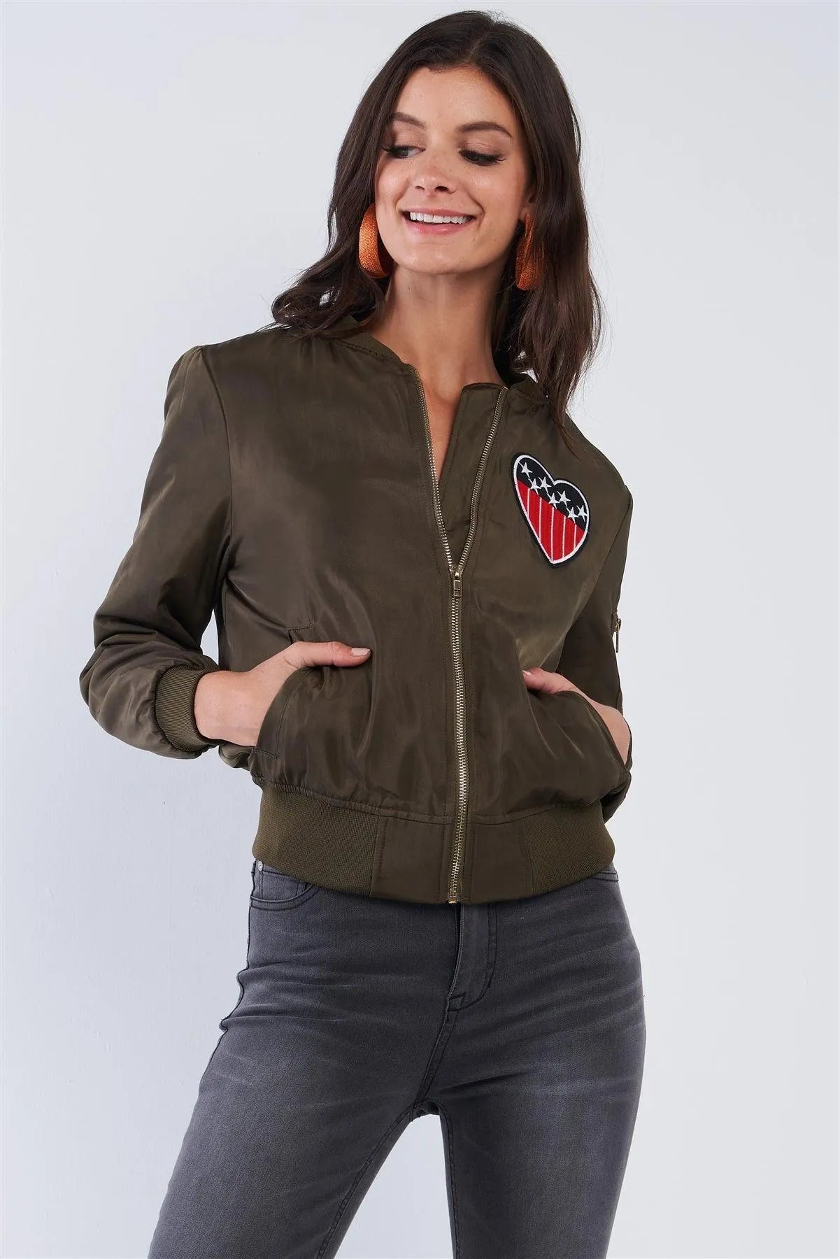 American Made Olive Green Multicolor Patriotic Stamp Flight Bomber Jacket /2-2-2 - Tasha Apparel Wholesale