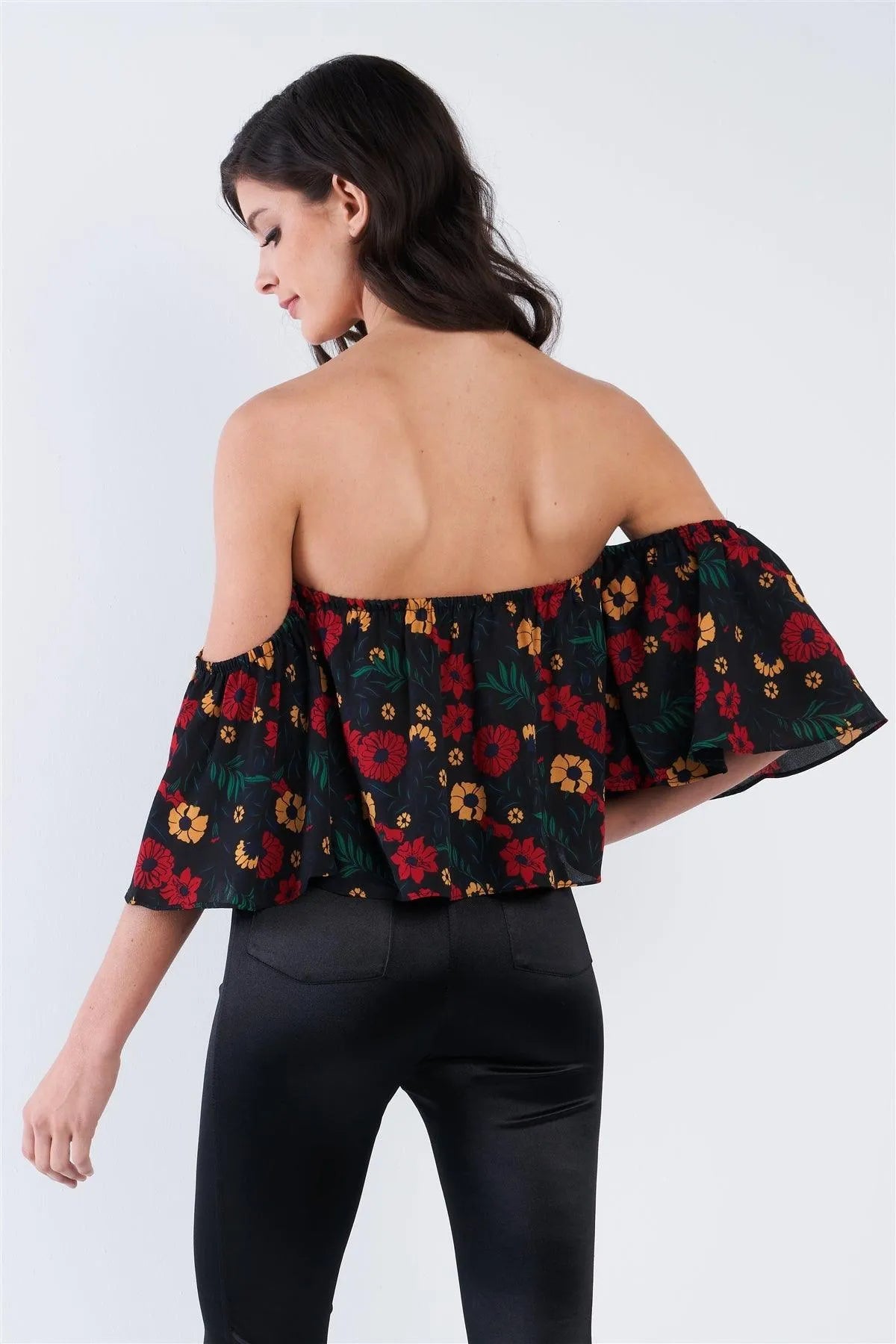 Black Floral Off The Shoulder Bell Sleeve Top /2-2-2 - Tasha Apparel Wholesale