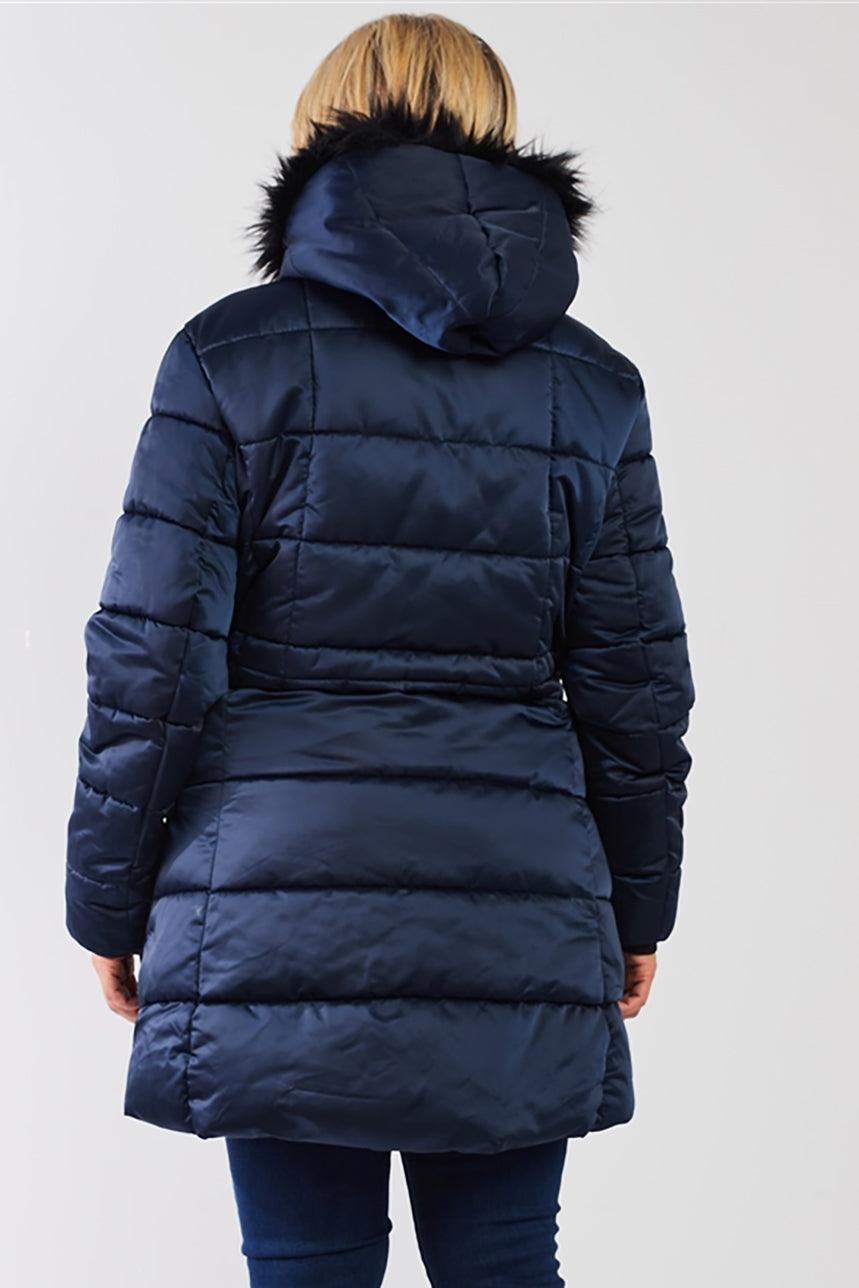 Navy Glossy Long Fitted Vegan Fur Hood Detail Winter Puffer Jacket
