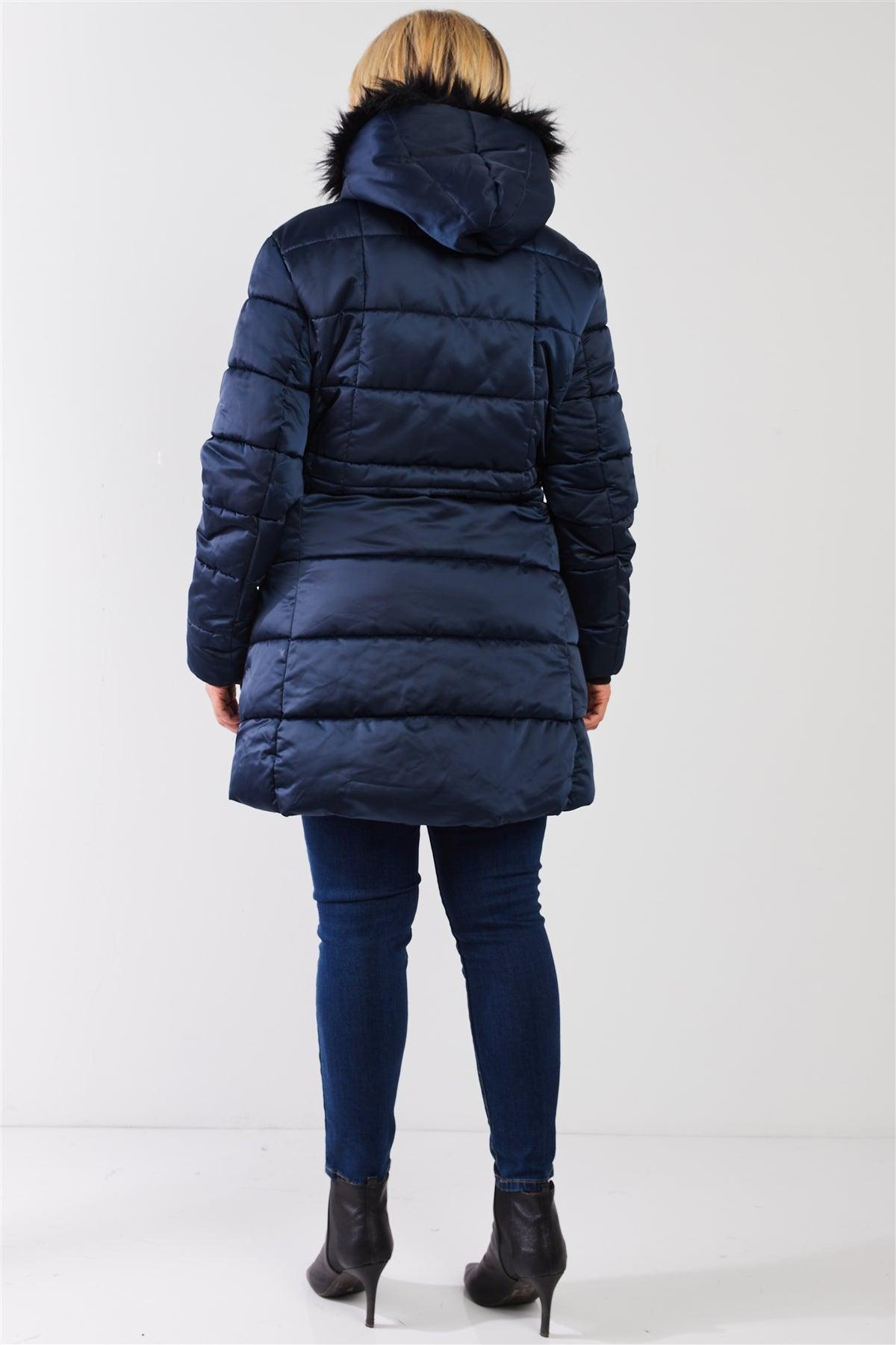 Junior Plus Navy Glossy Long Fitted Vegan Fur Hood Detail Winter Puffer Jacket
