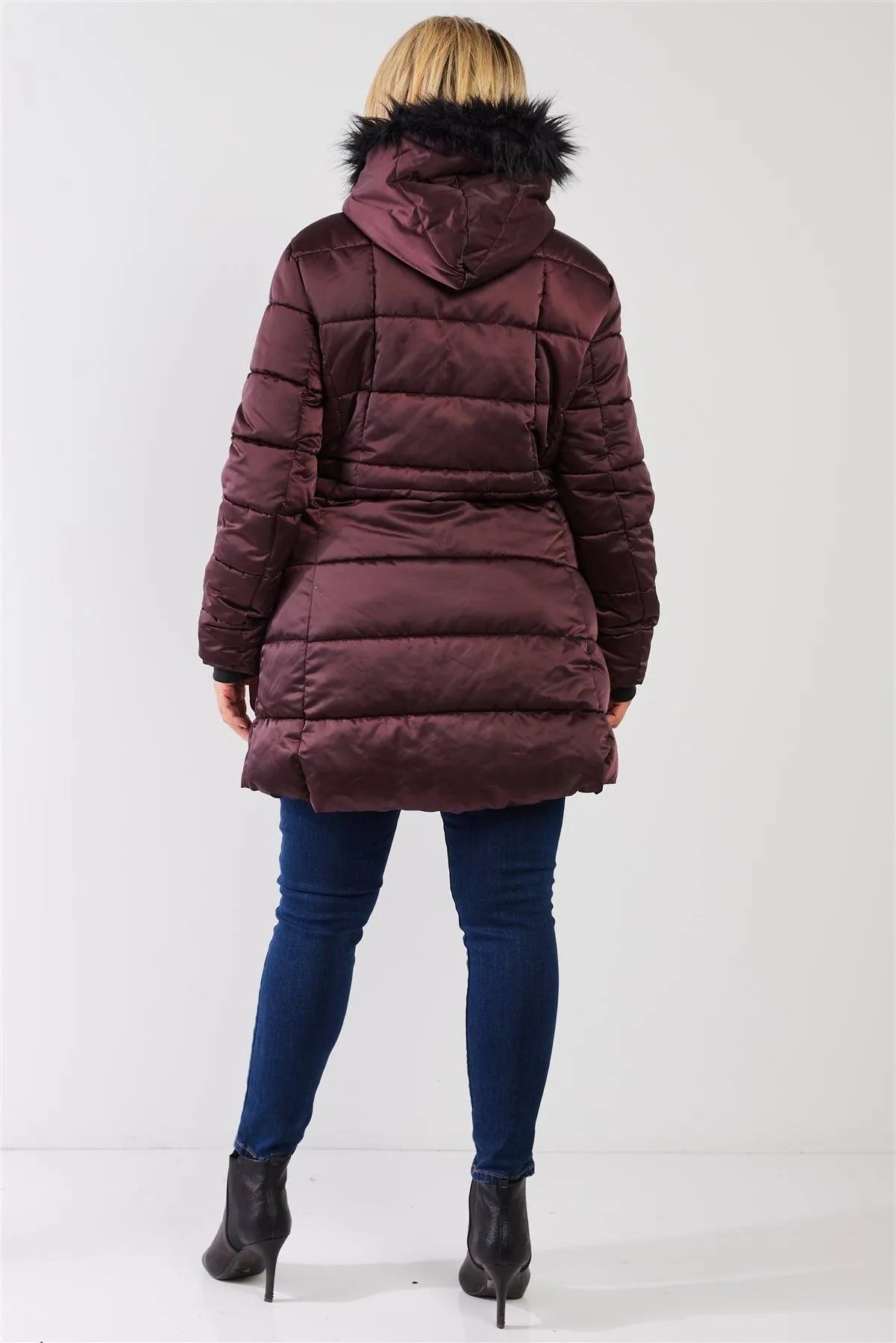 Junior Plus Wine Glossy Long Fitted Vegan Fur Hood Detail Winter Puffer Jacket /1-2-1-1 - Tasha Apparel Wholesale
