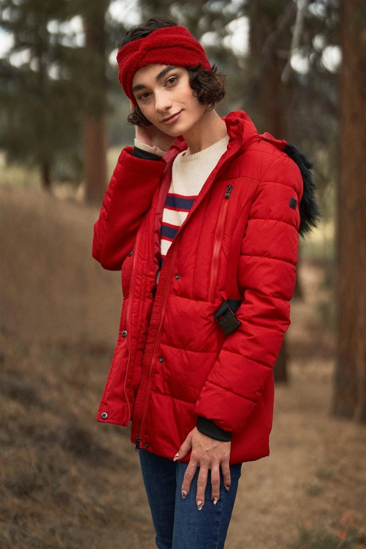 Red Faux Fur Harness Buckle Belt Detail Long Fitted Puffer Jacket /1-2-1-2 - Tasha Apparel Wholesale