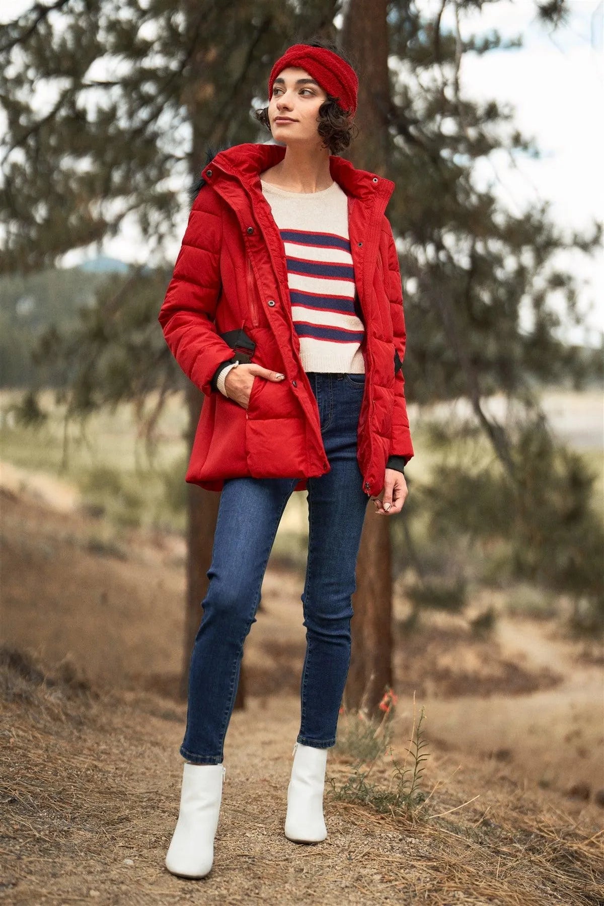 Red Faux Fur Harness Buckle Belt Detail Long Fitted Puffer Jacket /1-2-2-2 - Tasha Apparel Wholesale