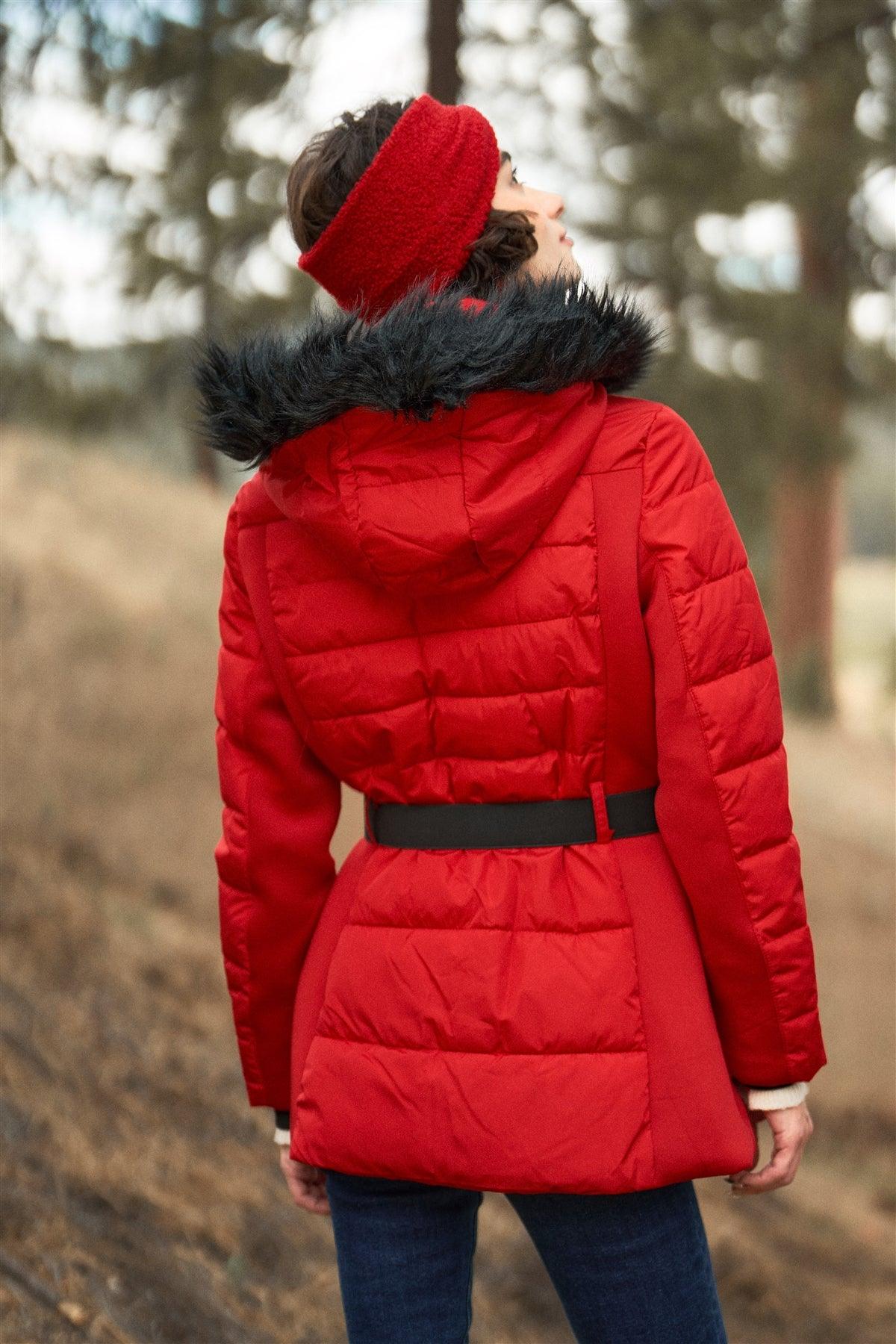 Red Faux Fur Harness Buckle Belt Detail Long Fitted Puffer Jacket