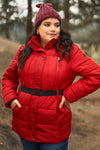 Junior Plus Red Faux Fur Harness Buckle Belt Detail Long Fitted Puffer Jacket