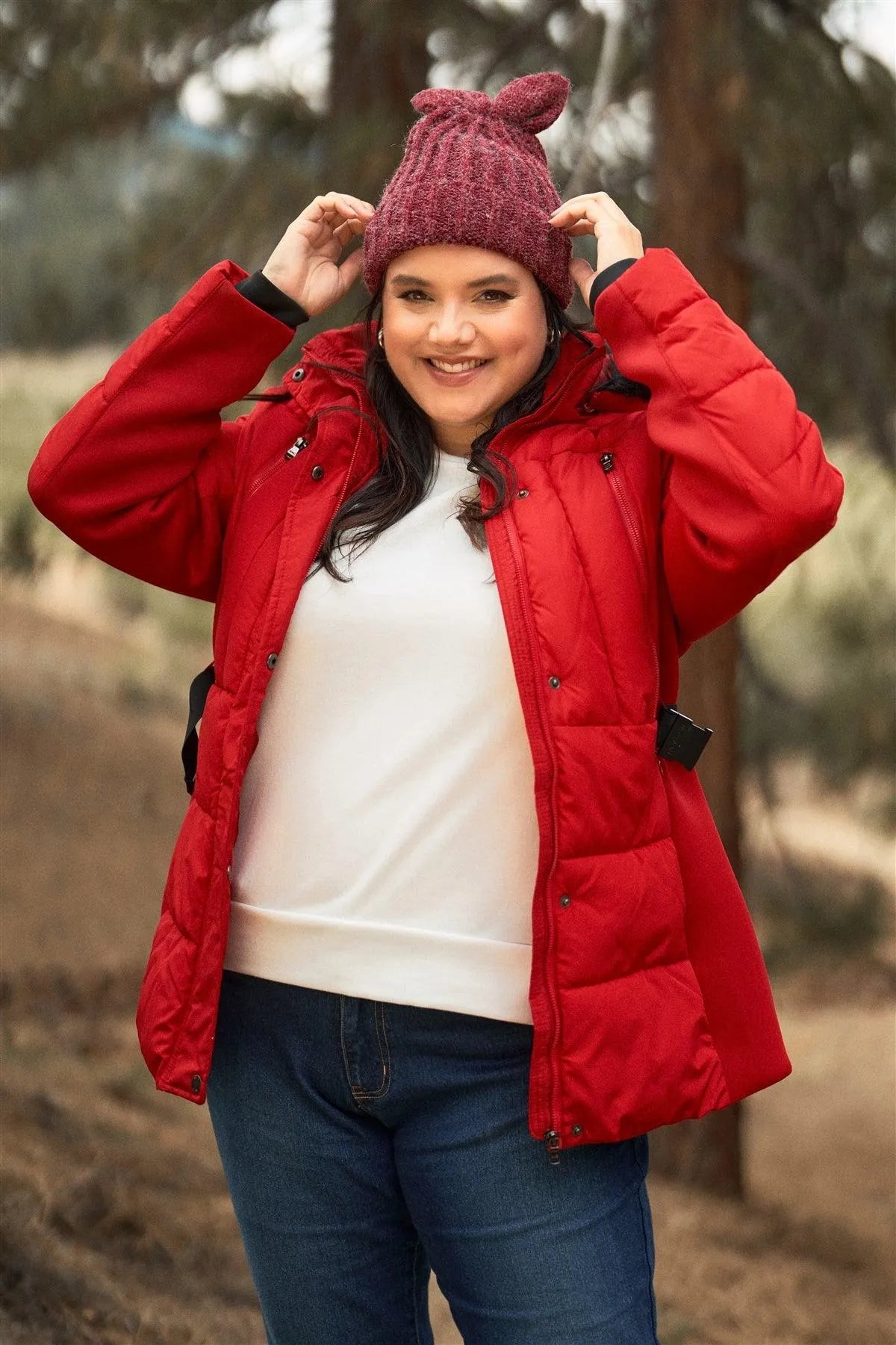 Junior Plus Red Faux Fur Harness Buckle Belt Detail Long Fitted Puffer Jacket - Tasha Apparel Wholesale