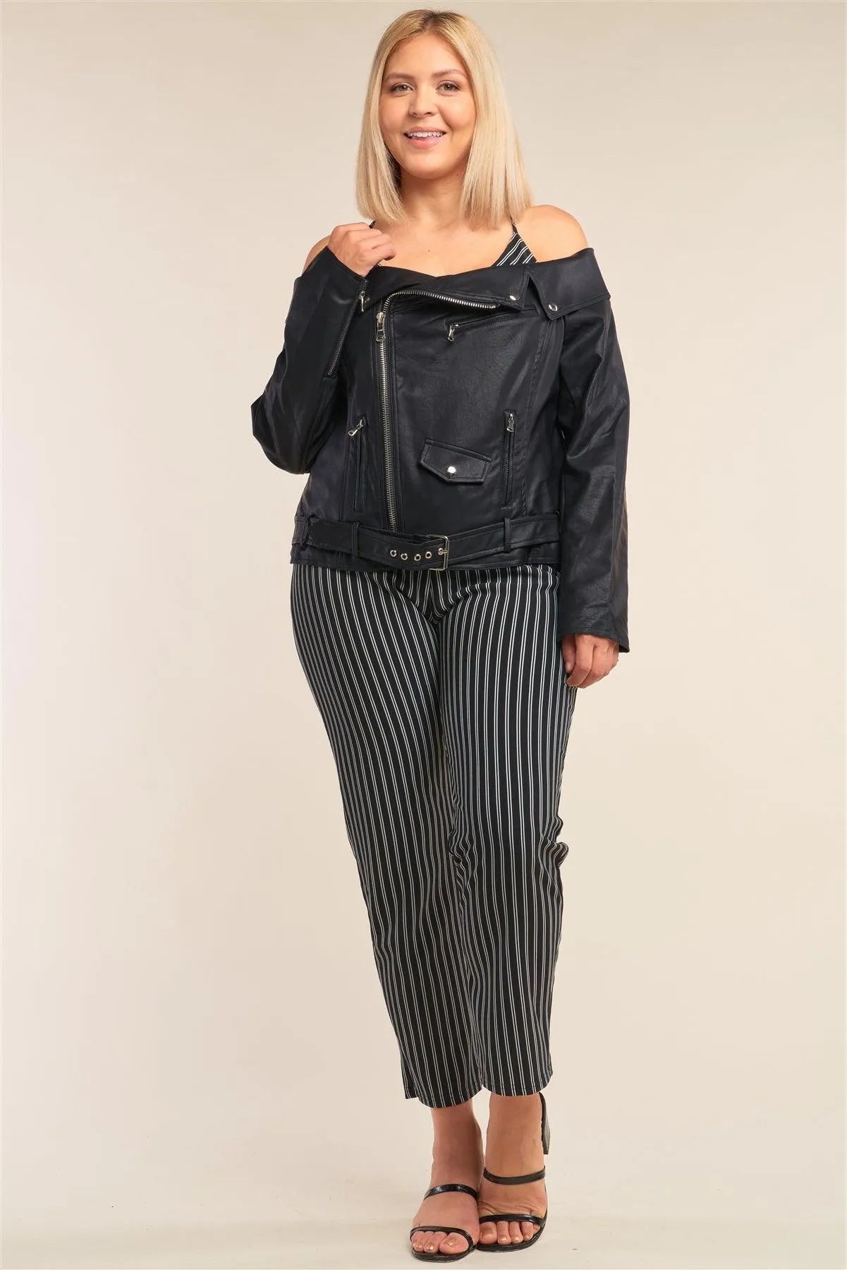 Junior Plus Size Black Vegan Leather Off-The-Shoulder Oblique Zipper Belted Cropped Jacket /2-2-2 - Tasha Apparel Wholesale
