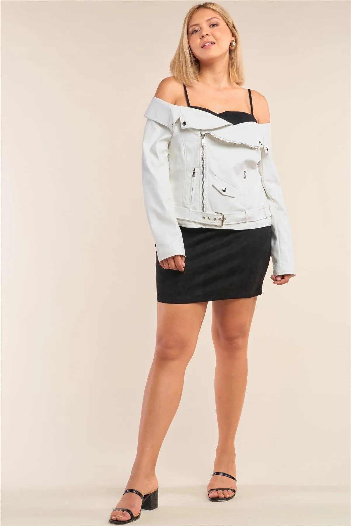 Junior Plus Size Snowball White Vegan Leather Off-The-Shoulder Oblique Zipper Belted Cropped Jacket /2-2-2 - Tasha Apparel Wholesale
