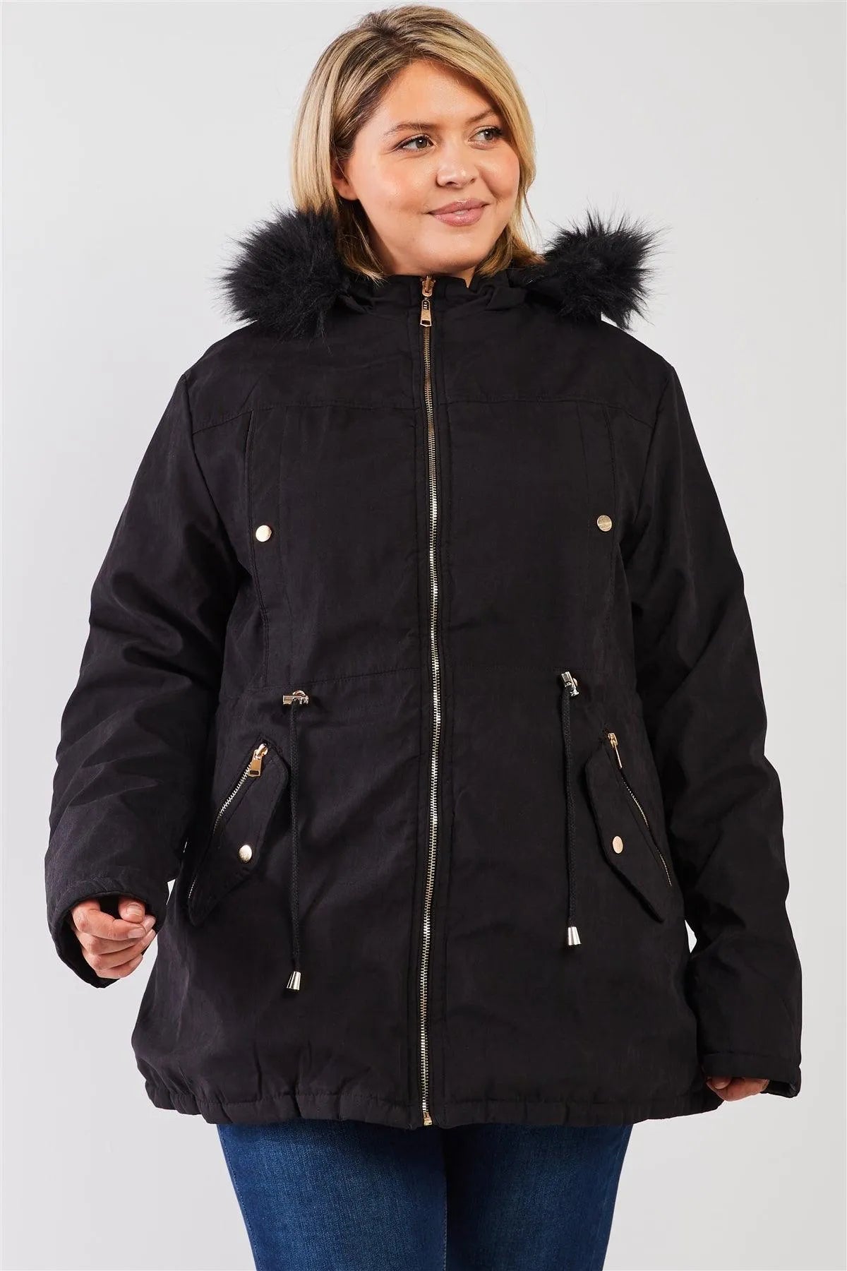 Junior Plus Size Reversible Black Dyed Vegan Fur Double-Sided Cotton Twill Parka & Puffer Jacket - Tasha Apparel Wholesale