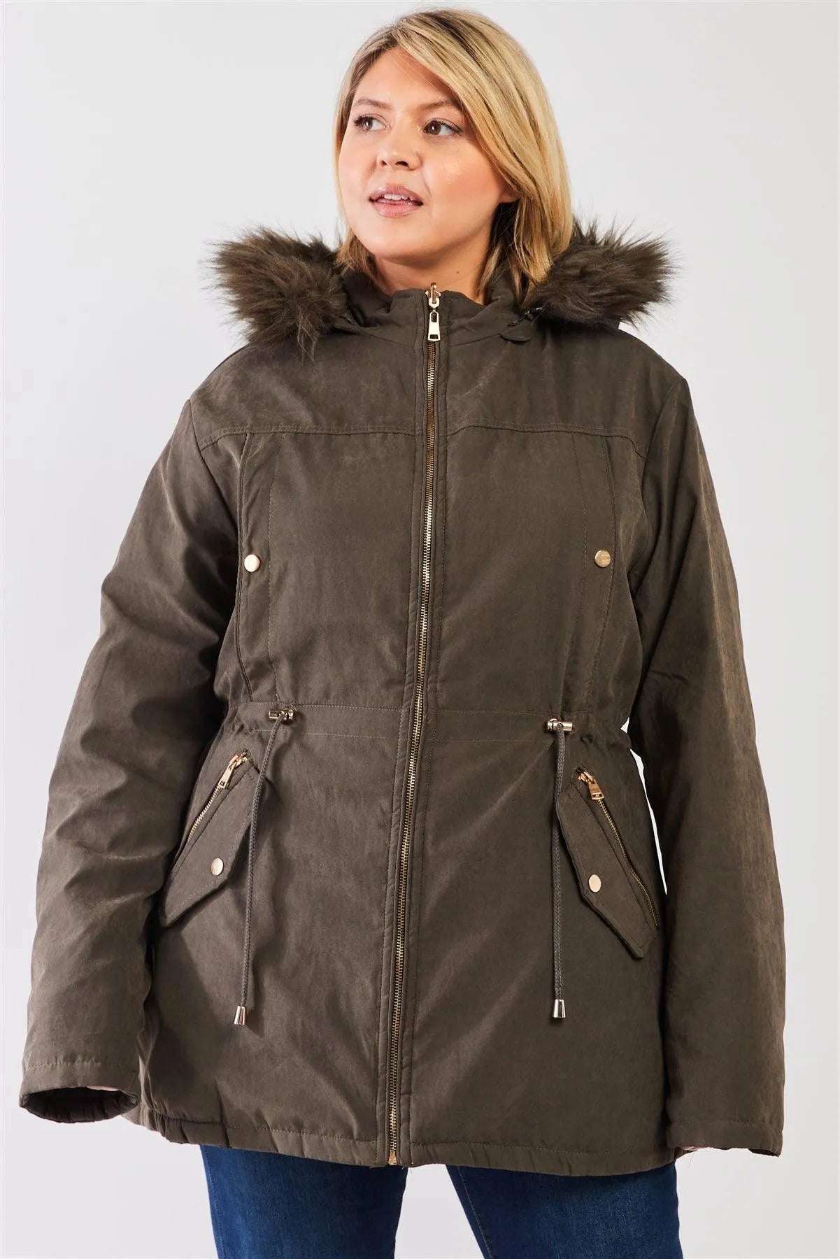 Junior Plus Size Reversible Olive Dyed Vegan Fur Double-Sided Cotton Twill Parka & Puffer Jacket /1-1-1-1 - Tasha Apparel Wholesale