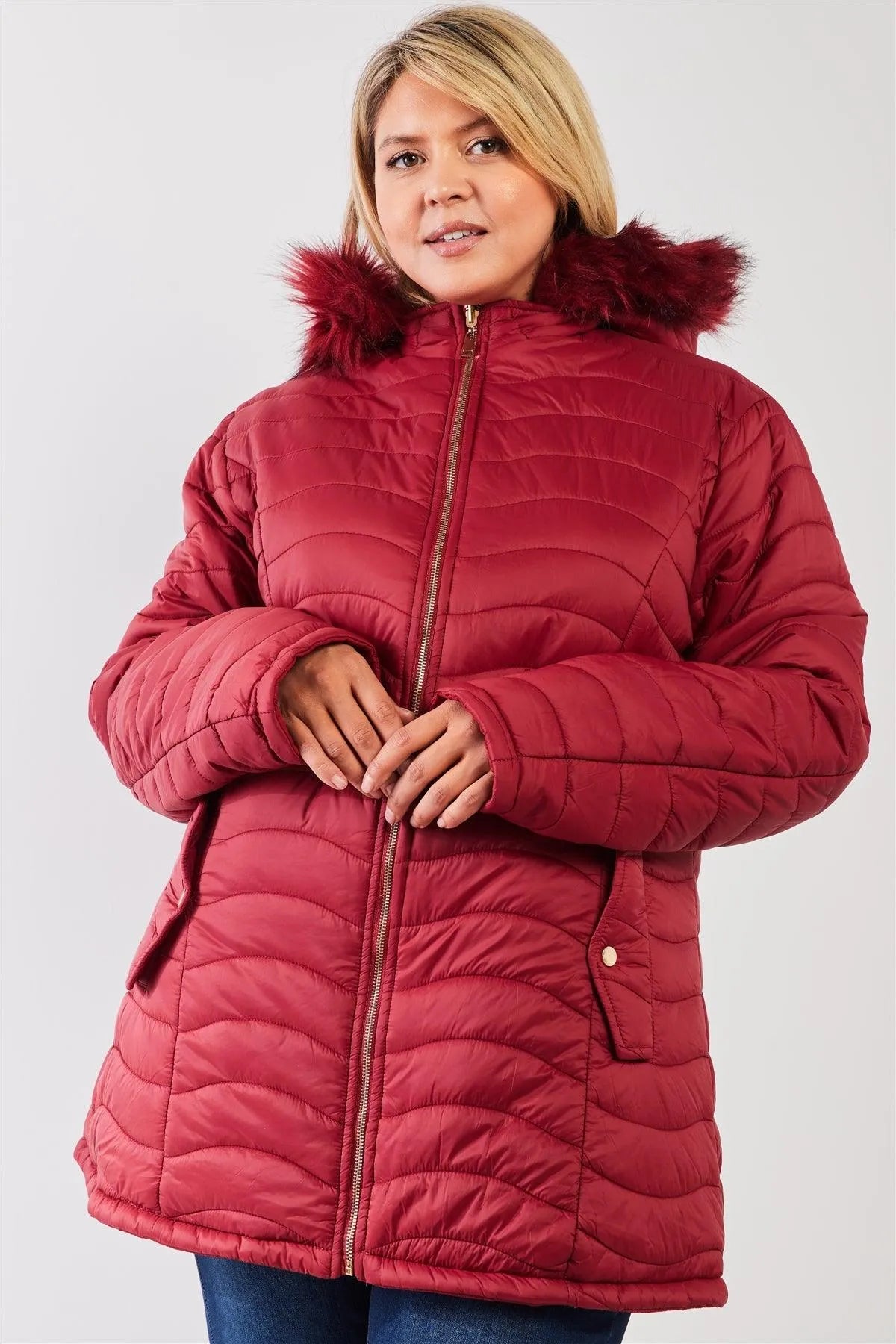 Junior Plus Size Reversible Wine Red Dyed Vegan Fur Double-Sided Cotton Twill Parka & Puffer Jacket /1-1-1-1 - Tasha Apparel Wholesale