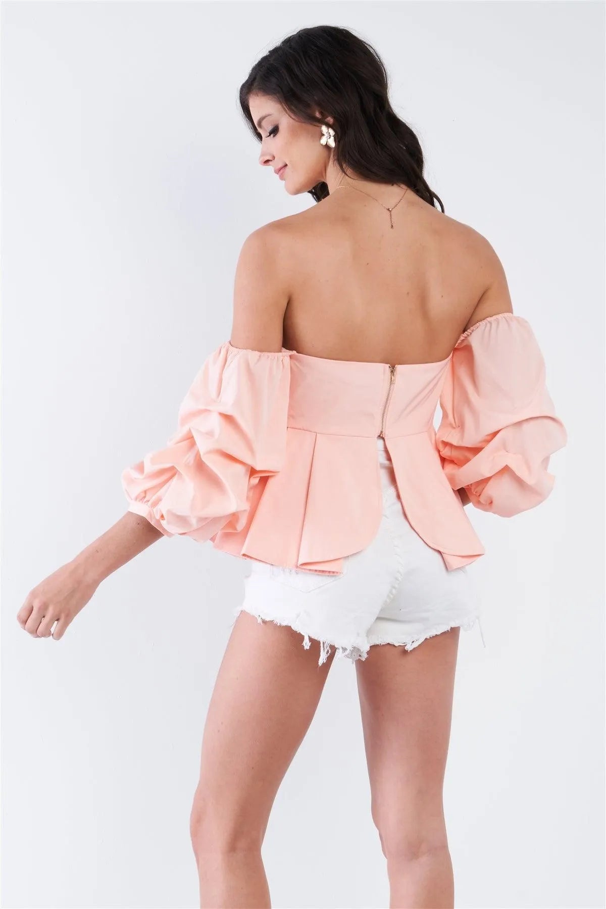 Blush Off Shoulder Puff Sleeve Ruffle V-Neck Peplum Crop Top /2-2-2 - Tasha Apparel Wholesale