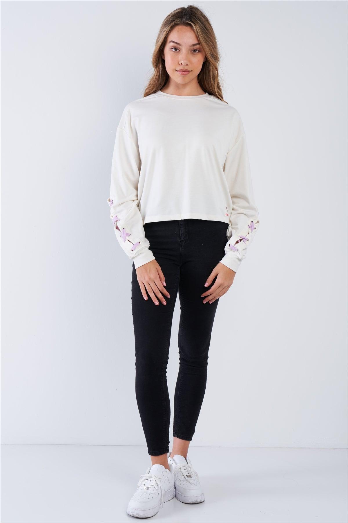 Pristine Long Sleeve "GRL POWER" Lace-Up Sleeve Pullover Top /2-2-2-2 - Tasha Apparel Wholesale