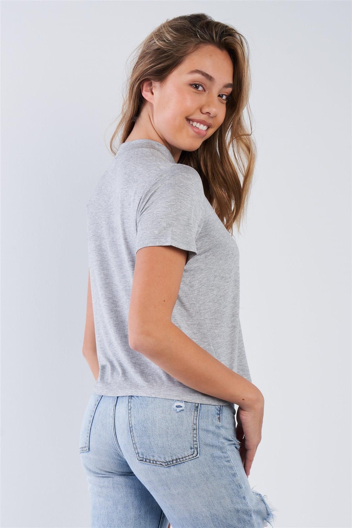 Heather Grey Short Sleeve Open Key Hole "I AM HAPPY" Top - Tasha Apparel Wholesale