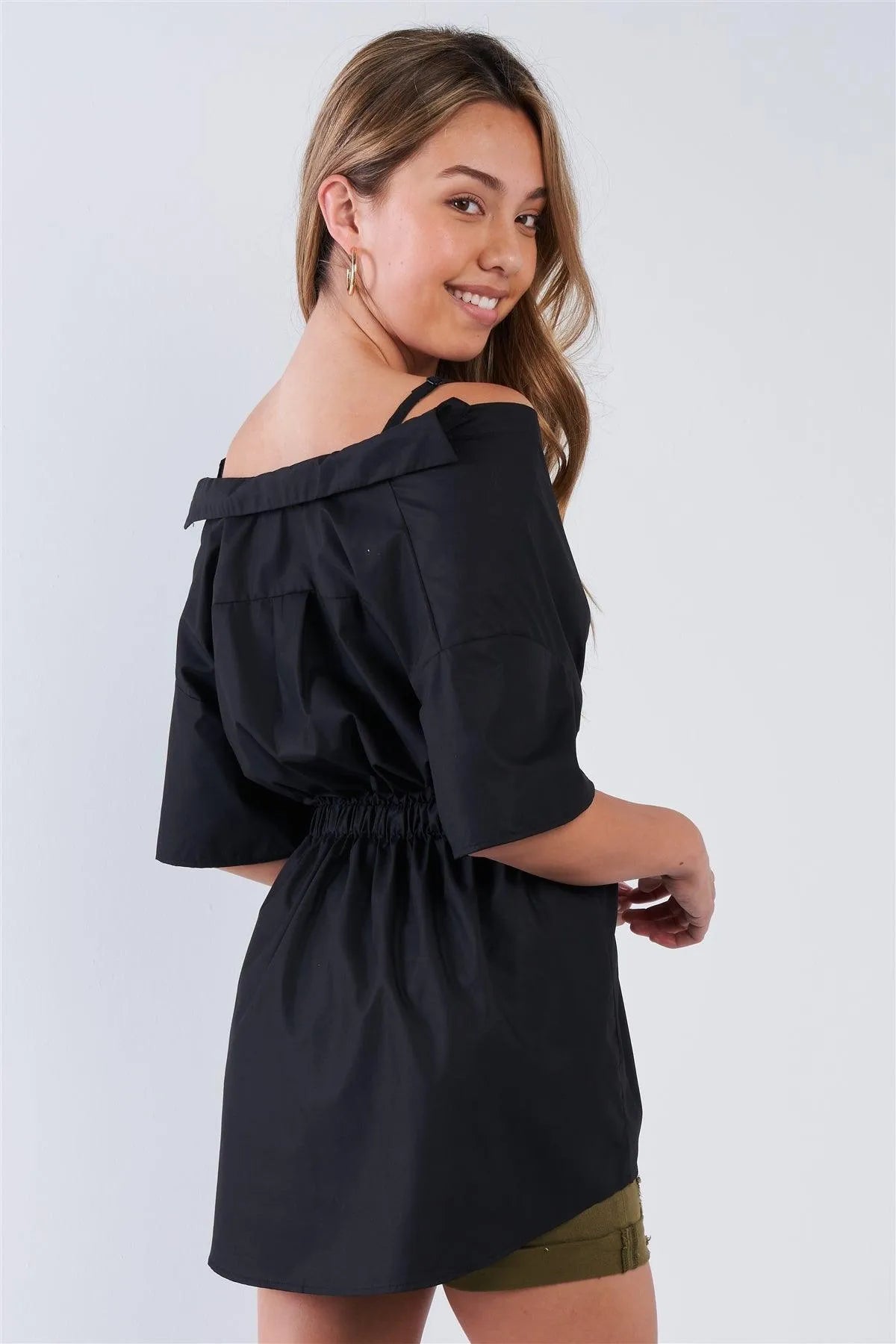 Black Off The Shoulder Front Twist High Low Top /2-2-2 - Tasha Apparel Wholesale