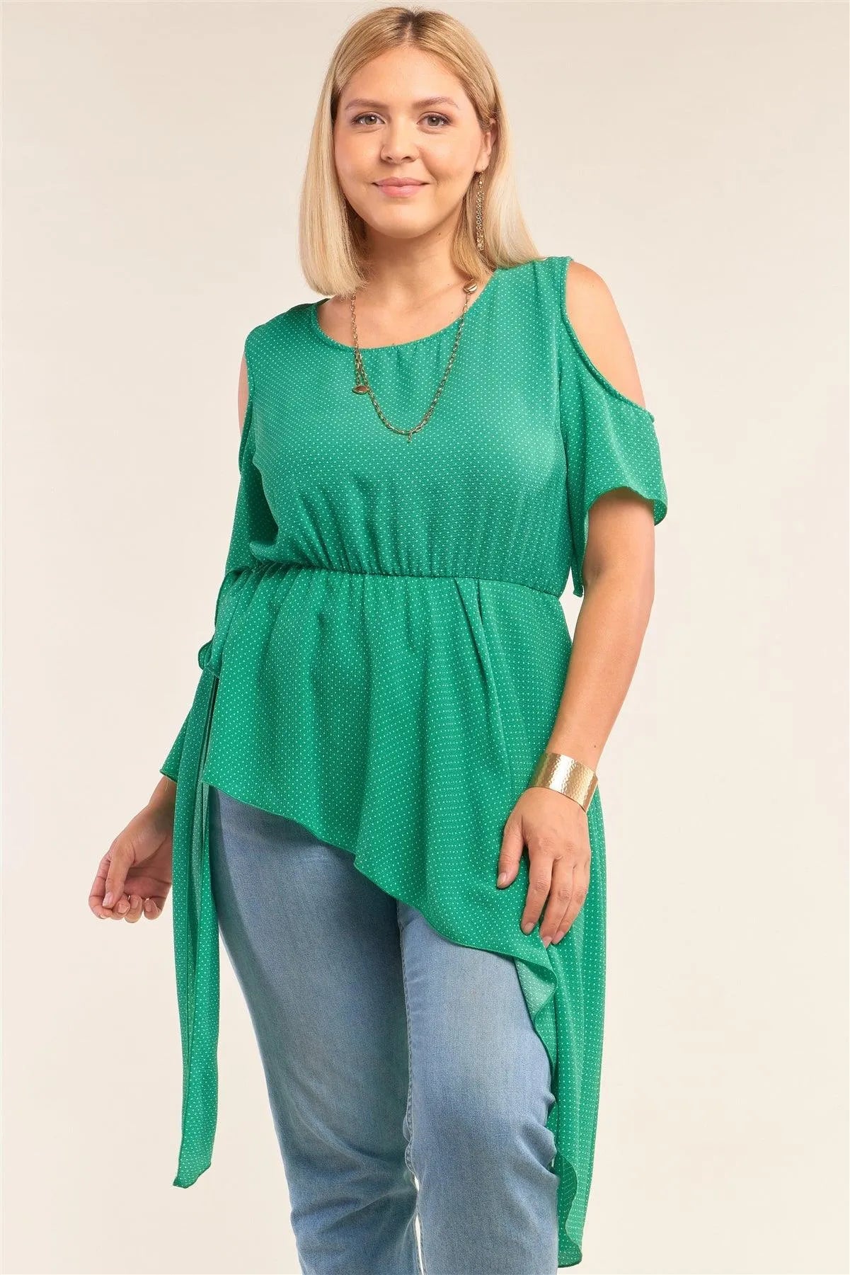 Junior Plus Size Green Polka Dot Asymmetrical Cut-Out Shoulder Self-Tie Side Detail Round Neck Top /2-2-2 - Tasha Apparel Wholesale