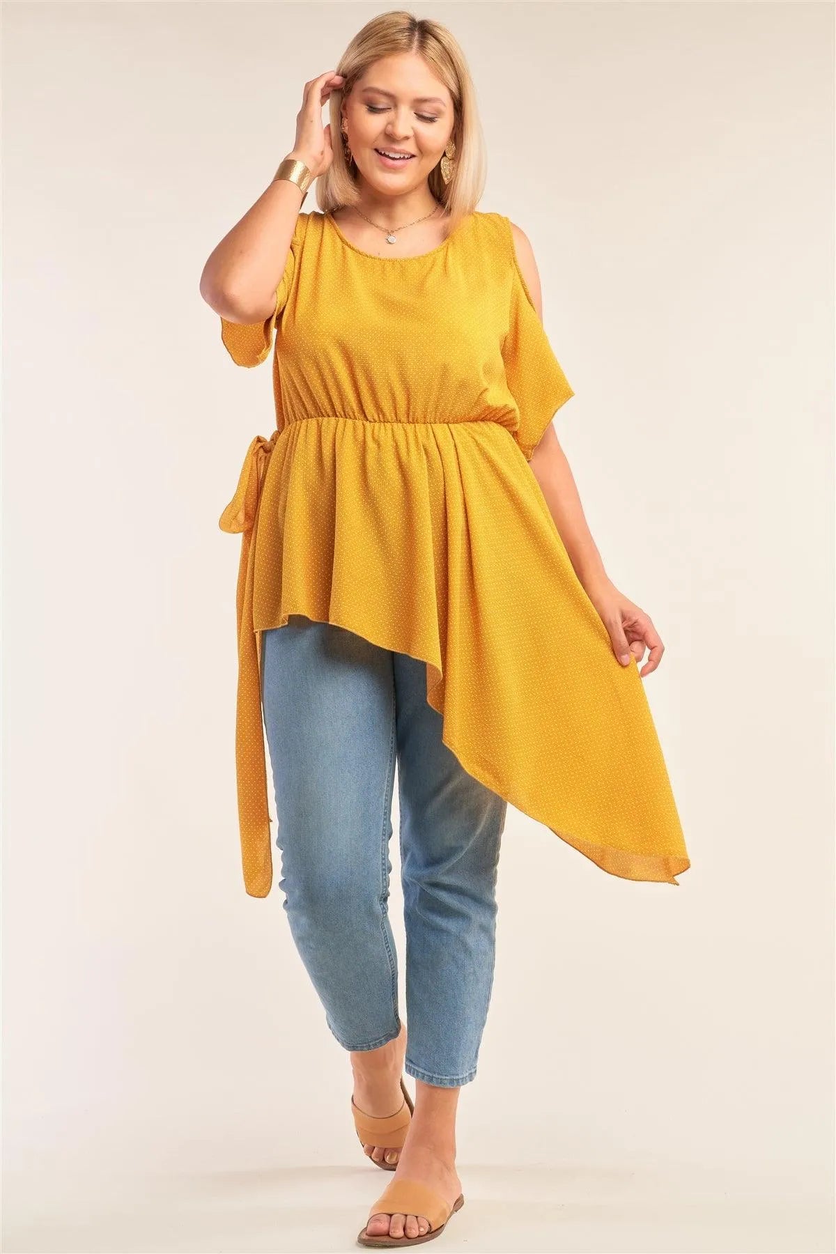 Junior Plus Size Yellow Polka Dot Asymmetrical Cut-Out Shoulder Self-Tie Side Detail Round Neck Top - Tasha Apparel Wholesale