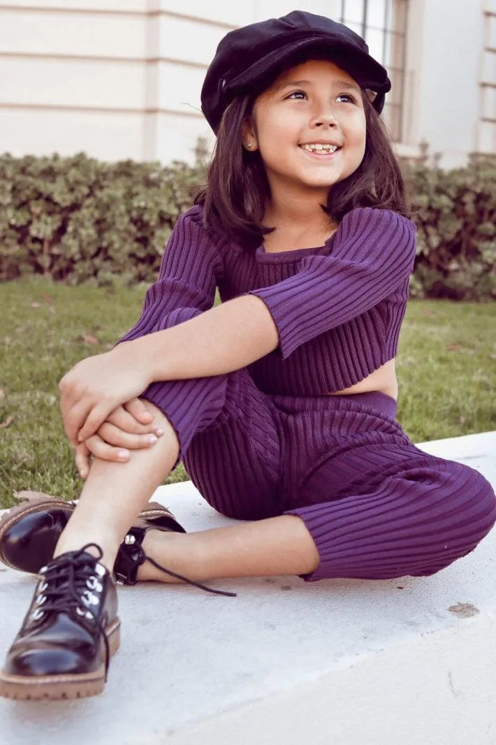 Little Girls Plum Ribbed Off-The-Shoulder Crop Top Legging Two Piece Set - Tasha Apparel Wholesale