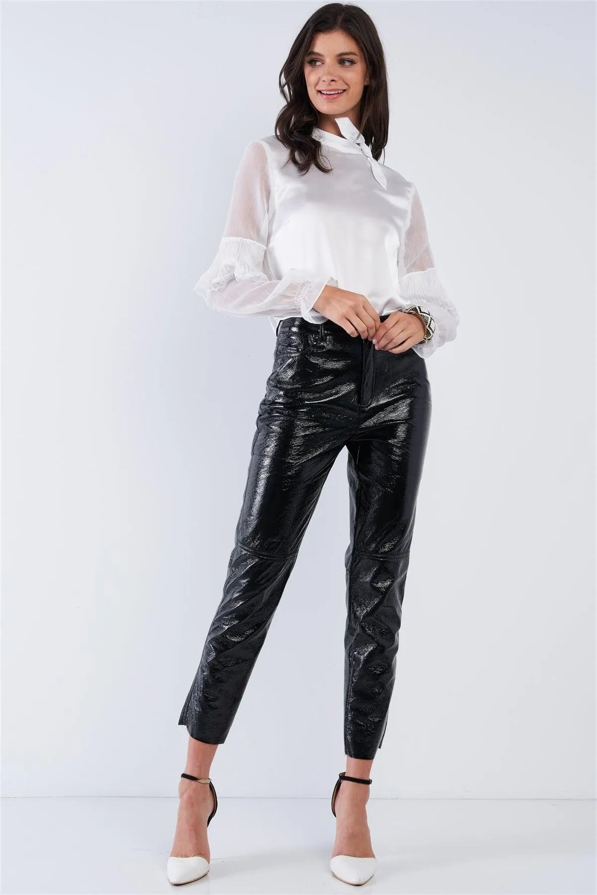 Bright White Satin Silk Bow Tie Collar Frill Sleeve Retro Classy Blouse Top /2-2 - Tasha Apparel Wholesale