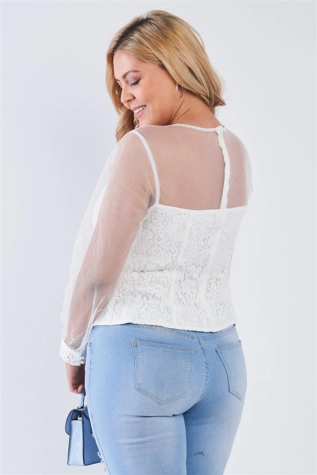 Junior Plus Size Ivory Long Sleeve Sheer Mesh Floral Lace Corset Top /2-2-2 - Tasha Apparel Wholesale