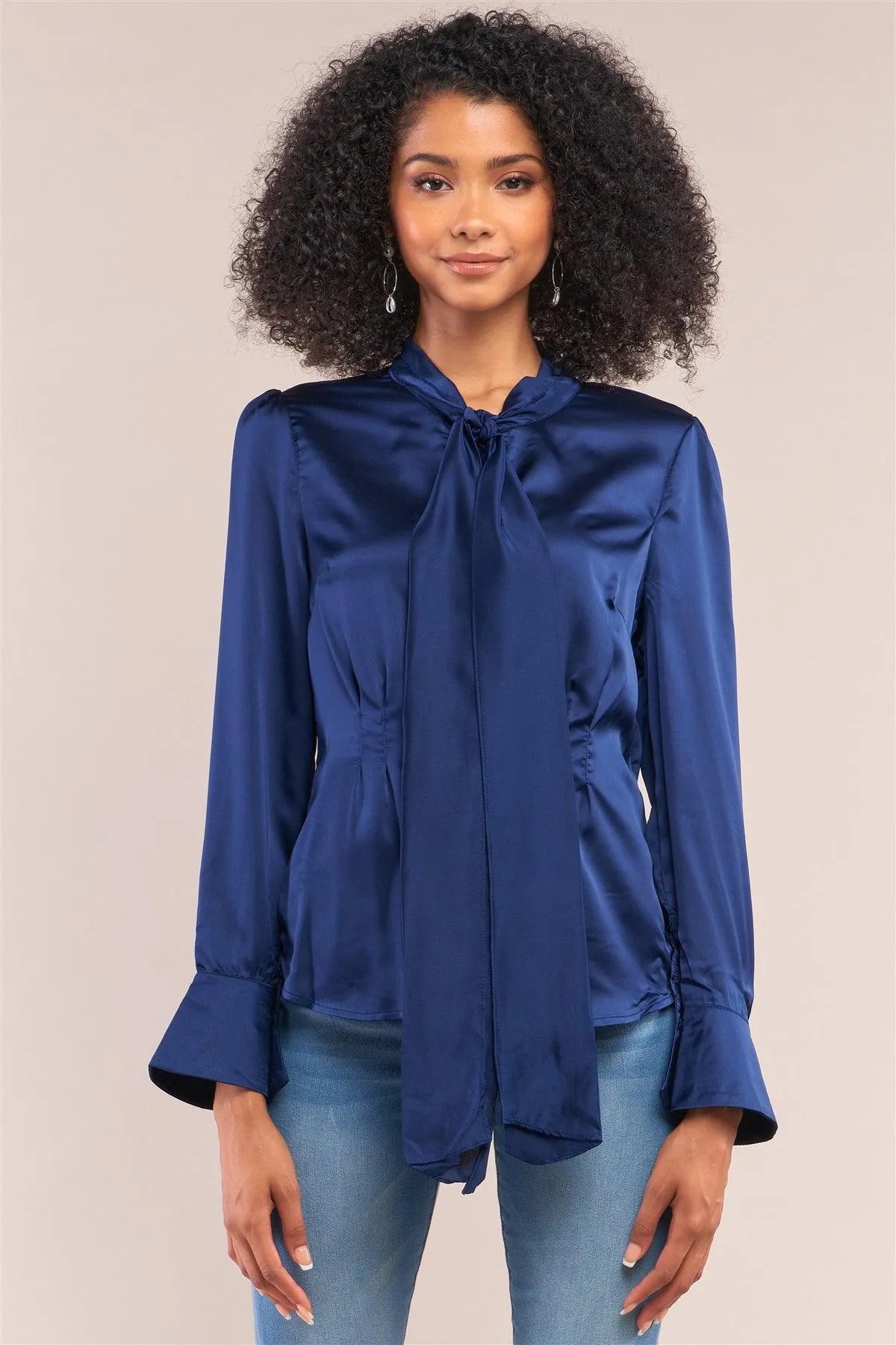 Victorian Indigo Blue Satin Long Sleeve Self-Tie Collar Button Down Gathered Blouse /2-2 - Tasha Apparel Wholesale