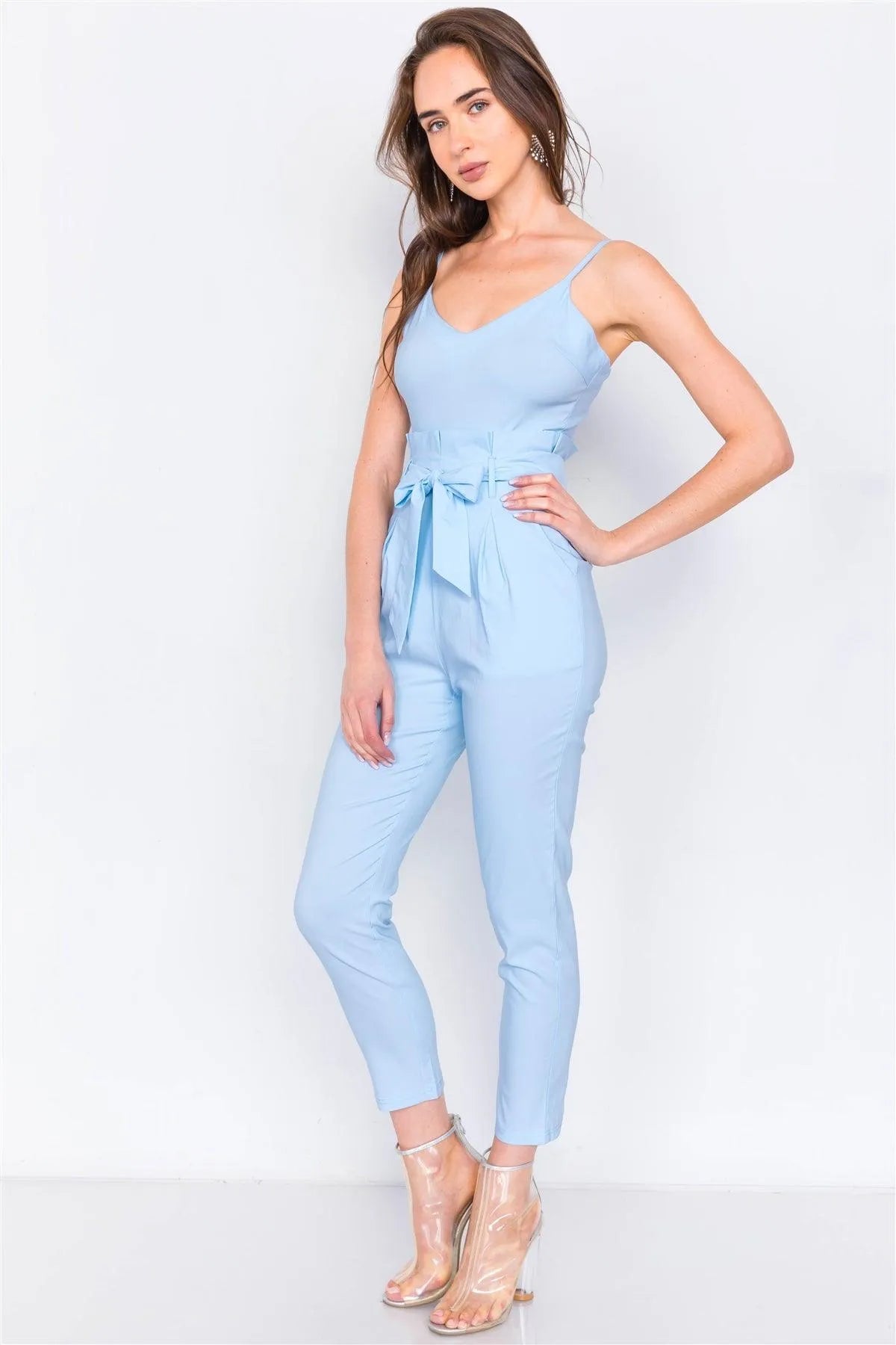 Baby Blue Mock High-Waist V-Neck Cami Casual Chic Jumpsuit - Tasha Apparel Wholesale