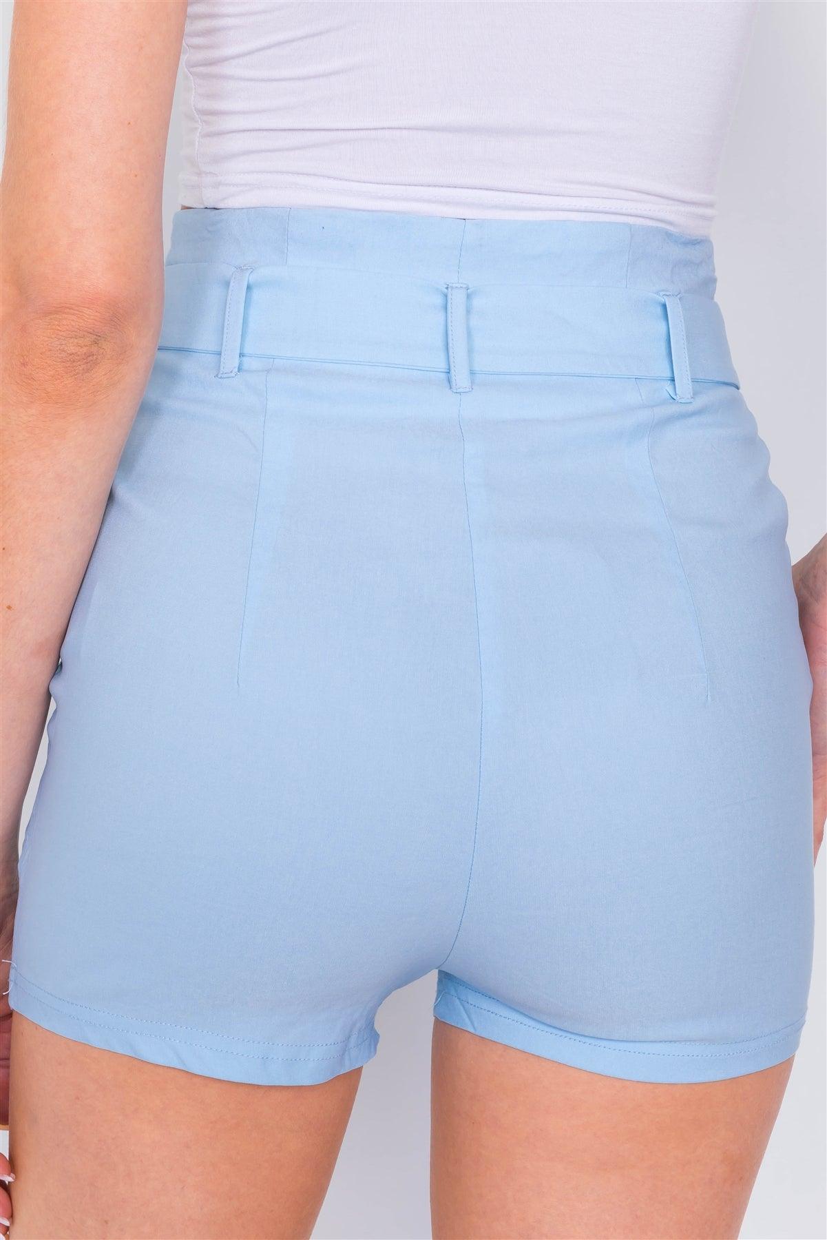 Baby Blue Pleated Vintage High-Waist Chic Mini Shorts