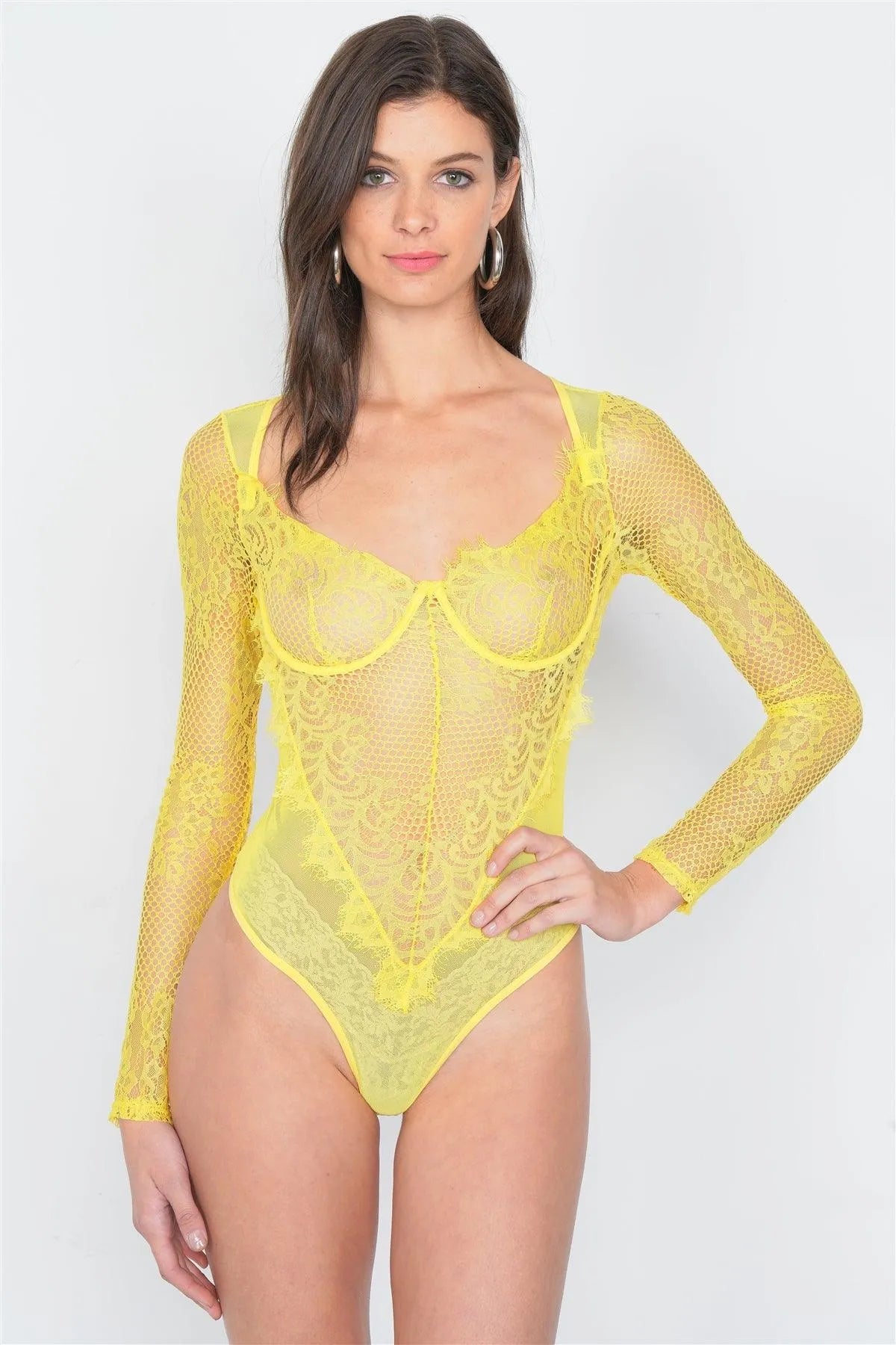 Yellow Floral Lace Long Sleeve Bodysuit - Tasha Apparel Wholesale