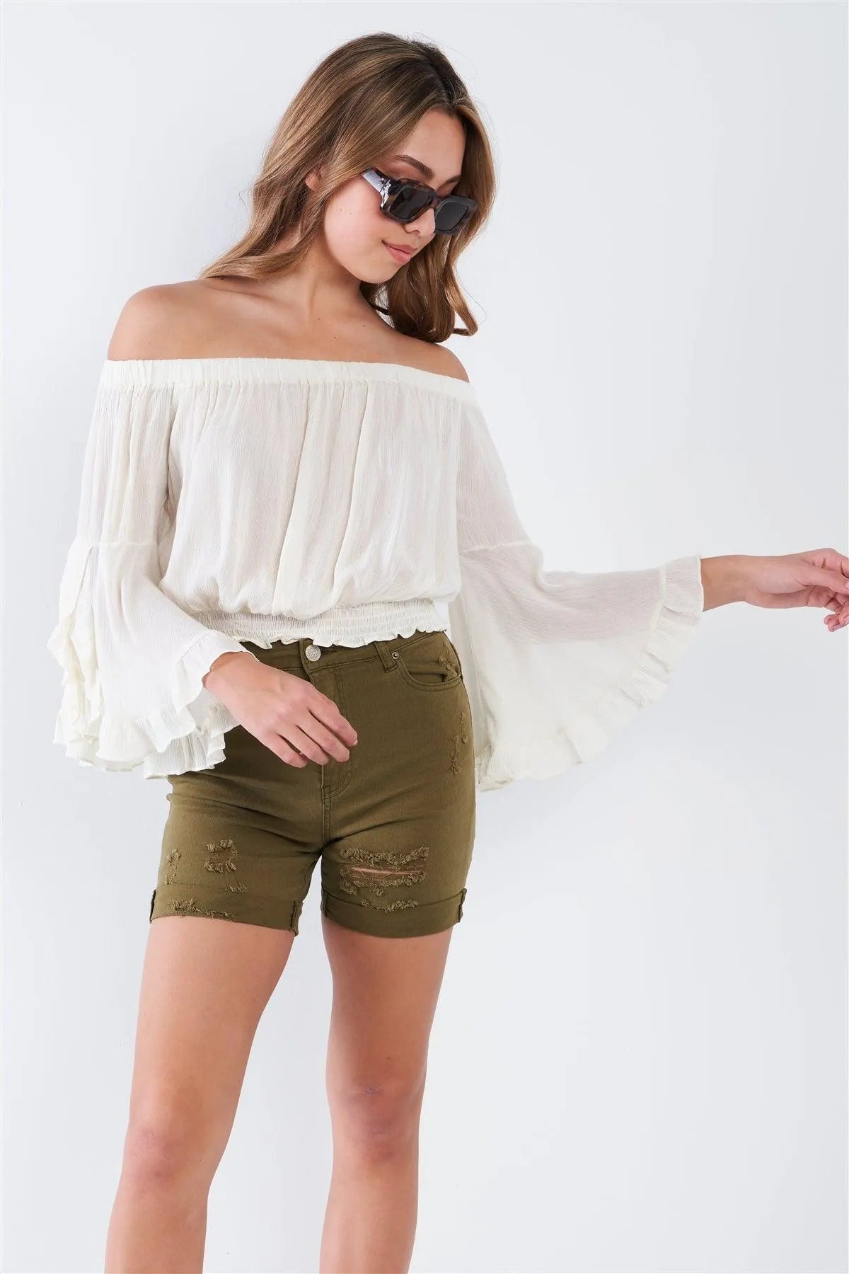Natural Cream Off The Shoulder Butterfly Sleeve Crop Top /2-2-2 - Tasha Apparel Wholesale