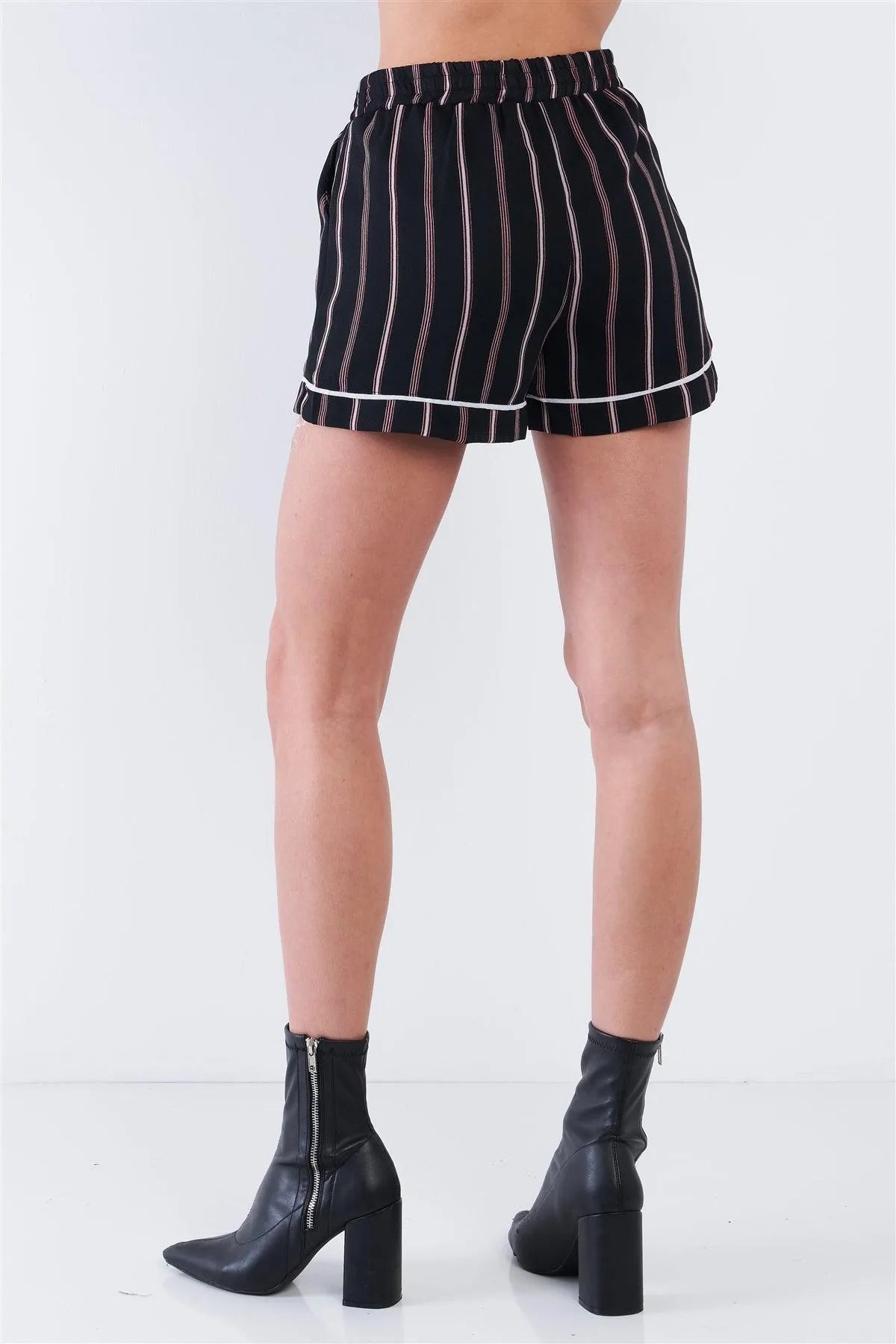 Black Stripe Chiffon Long Sleeve Button Top & Shorts Loungewear Set /2-2-2 - Tasha Apparel Wholesale