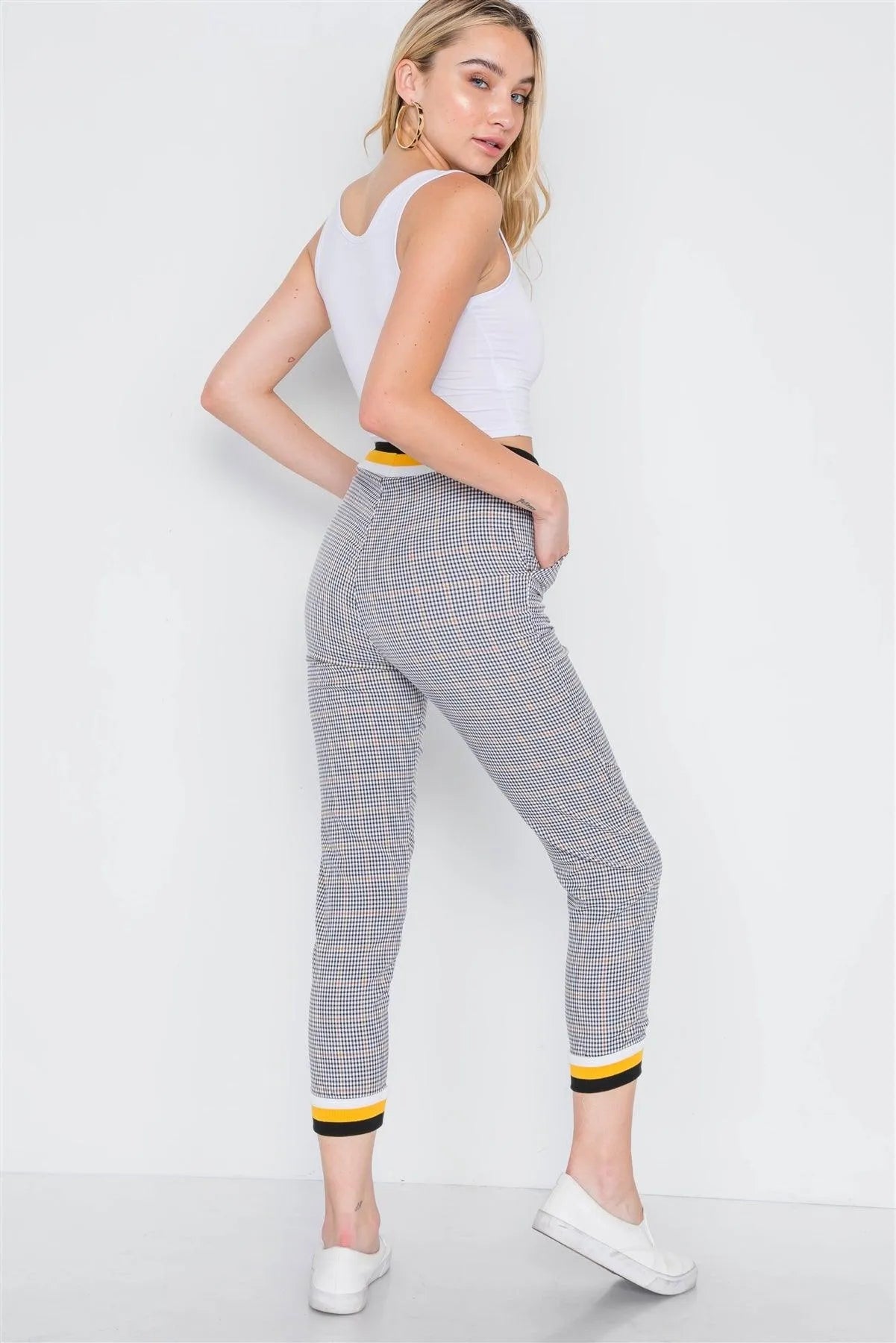 Black Mustard Gingham Color-block High-Waist Pants /3-2-1 - Tasha Apparel Wholesale