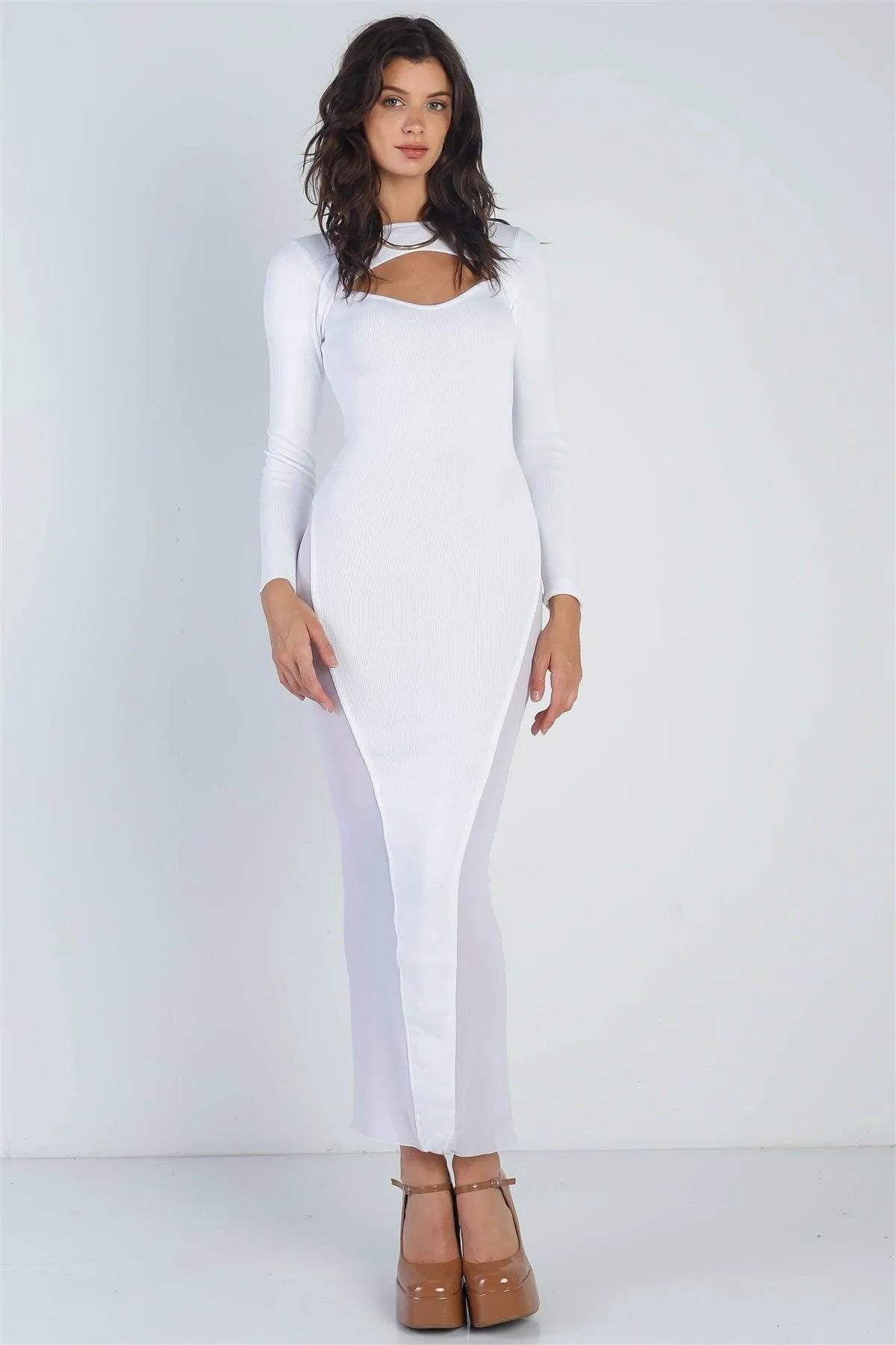 White Cutout Bust Mesh Side Detail Long Sleeve Dress /1-1-1 White Cutout Bust Mesh Side Detail Long Sleeve Dress /1-1-1