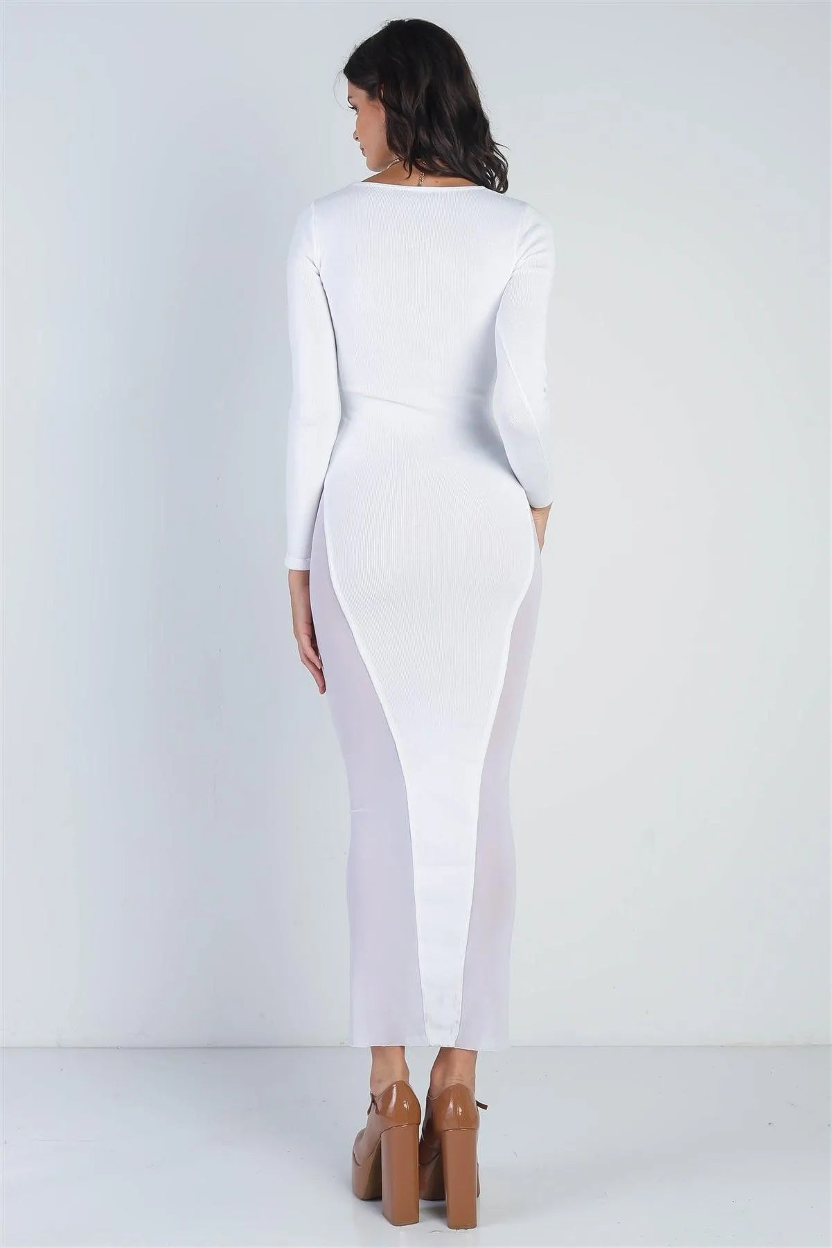 White Cutout Bust Mesh Side Detail Long Sleeve Dress /1-1-1 - Tasha Apparel Wholesale