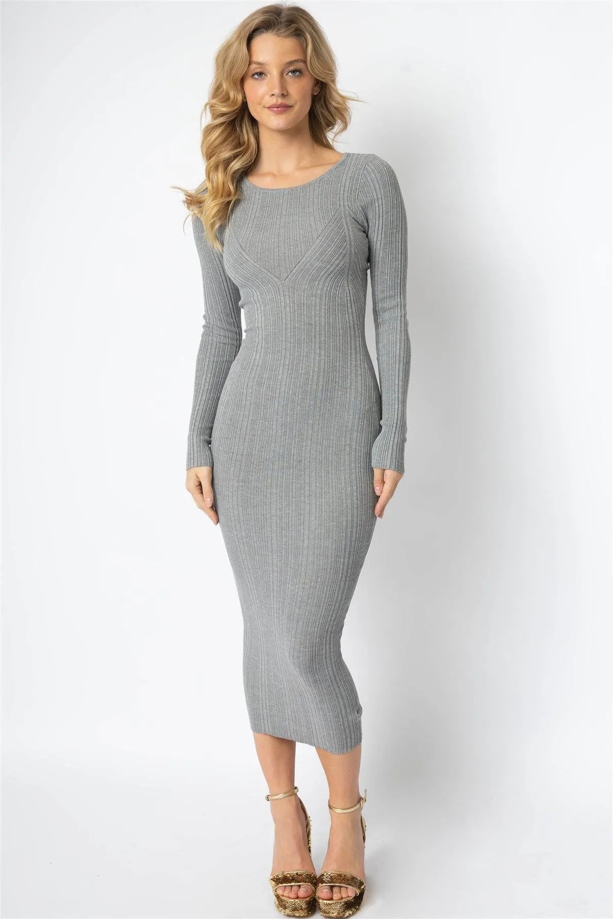 Grey Knit Textured Long Sleeve Slim Fit Midi Dress /3-2-1 - Tasha Apparel Wholesale