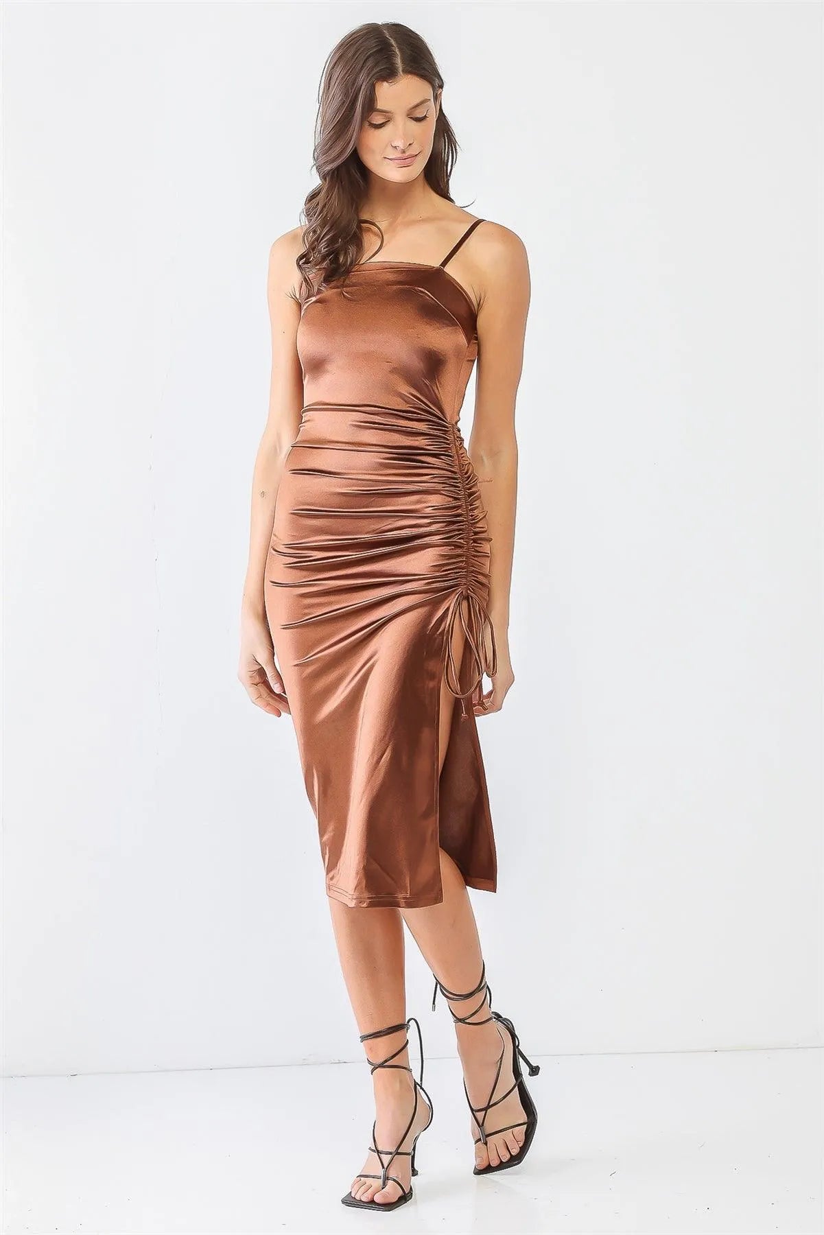 Satin Square Neck-Line Strappy Ruched Midi Dress - Tasha Apparel Wholesale