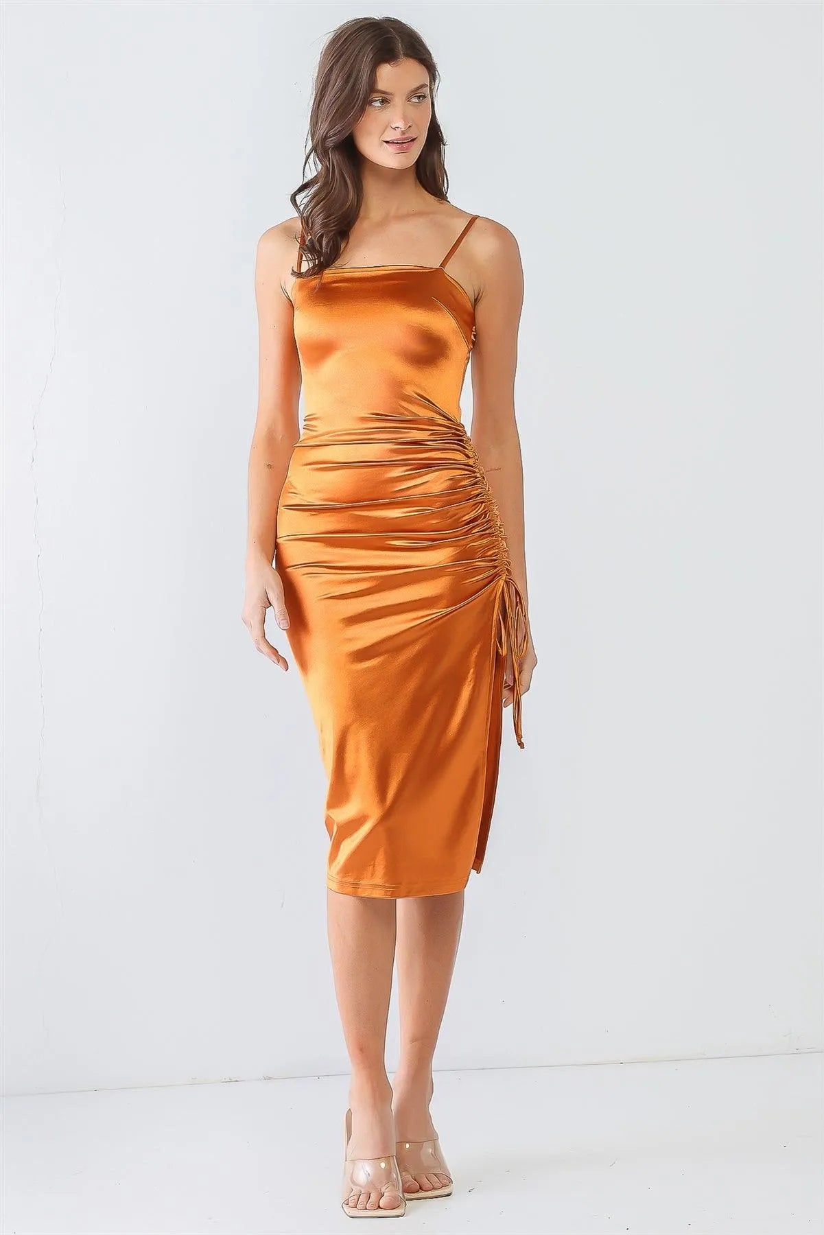Metallic Rust Satin Strappy Ruched Midi Dress /4-2-1 - Tasha Apparel Wholesale