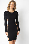 Black Knit Ribbed Side Cut-Out With Gold Tone Accent Ring Open Back Midi Dress /3-2-1
