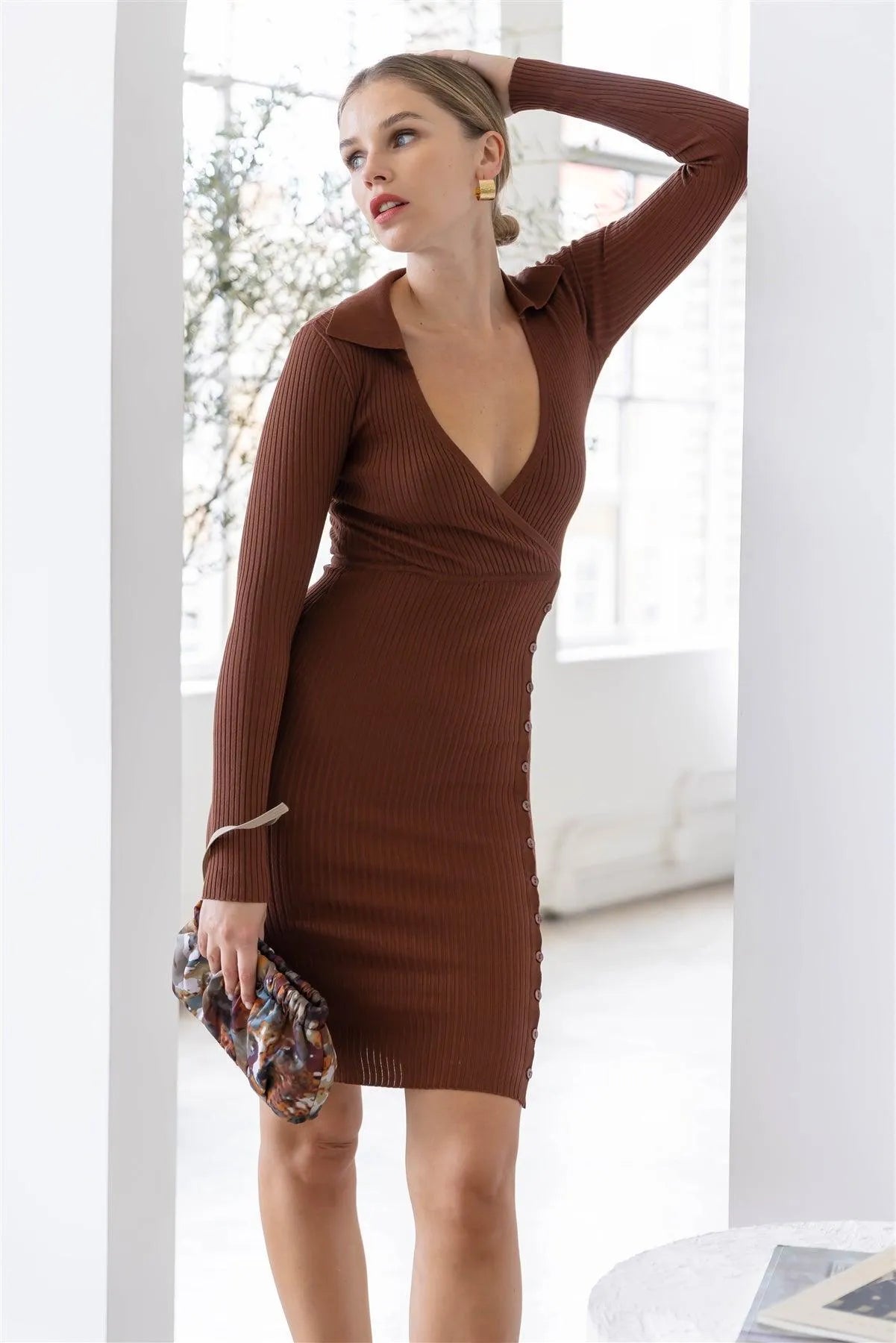Cocoa Knit Ribbed Button Up Detail Collared Long Sleeve Midi Dress /2-3-1 - Tasha Apparel Wholesale
