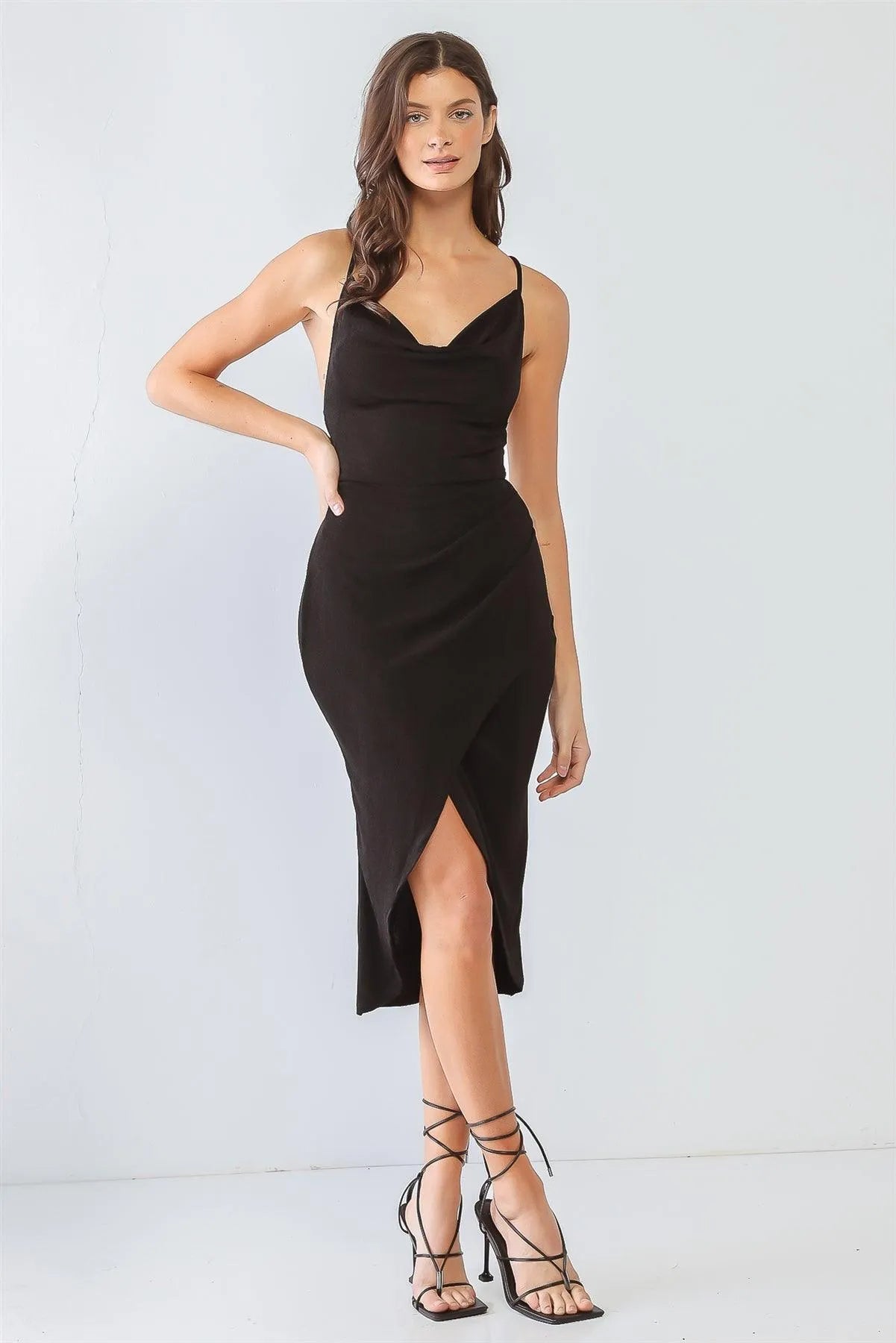 Black Cowl Neck Strappy Wrap Hem Midi Dress - Tasha Apparel Wholesale