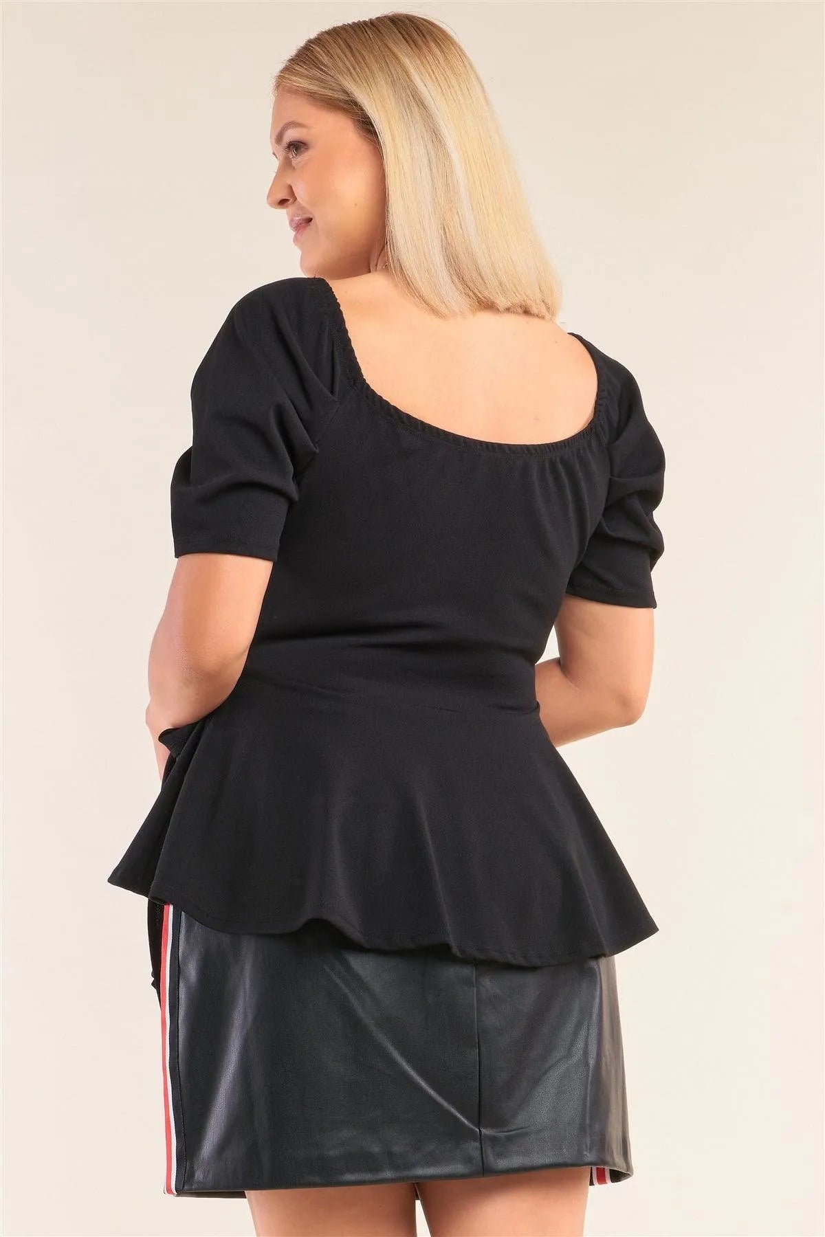 Plus Size Black V-Neck Pleated Wrap Flared Hem Top - Tasha Apparel Wholesale